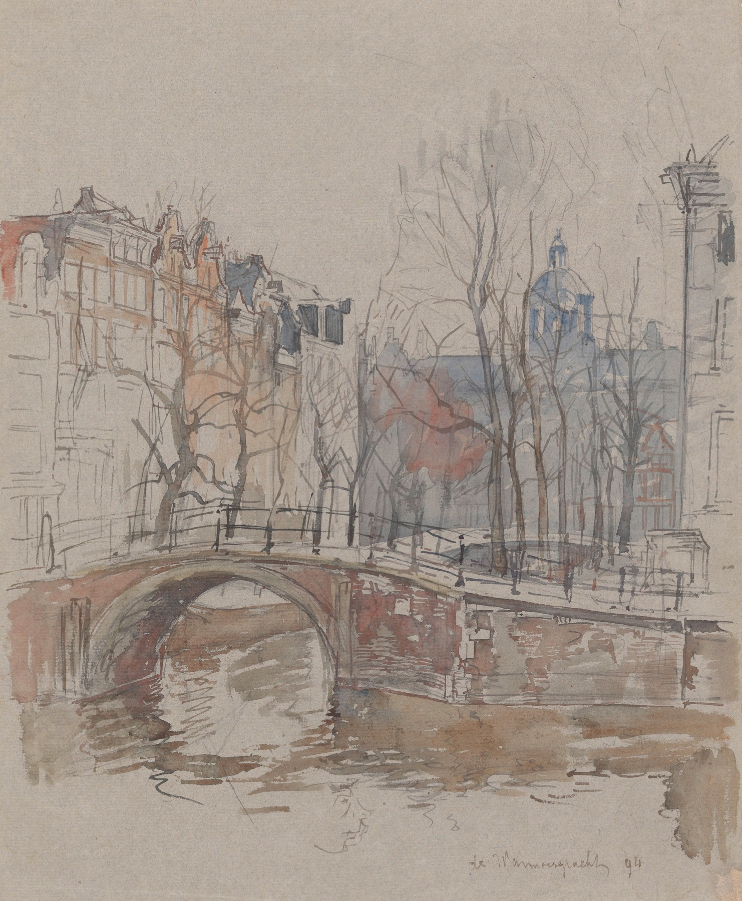 De Warmoesgracht by Jan Hoynck van Papendrecht, realism, depicting canal houses and water reflections