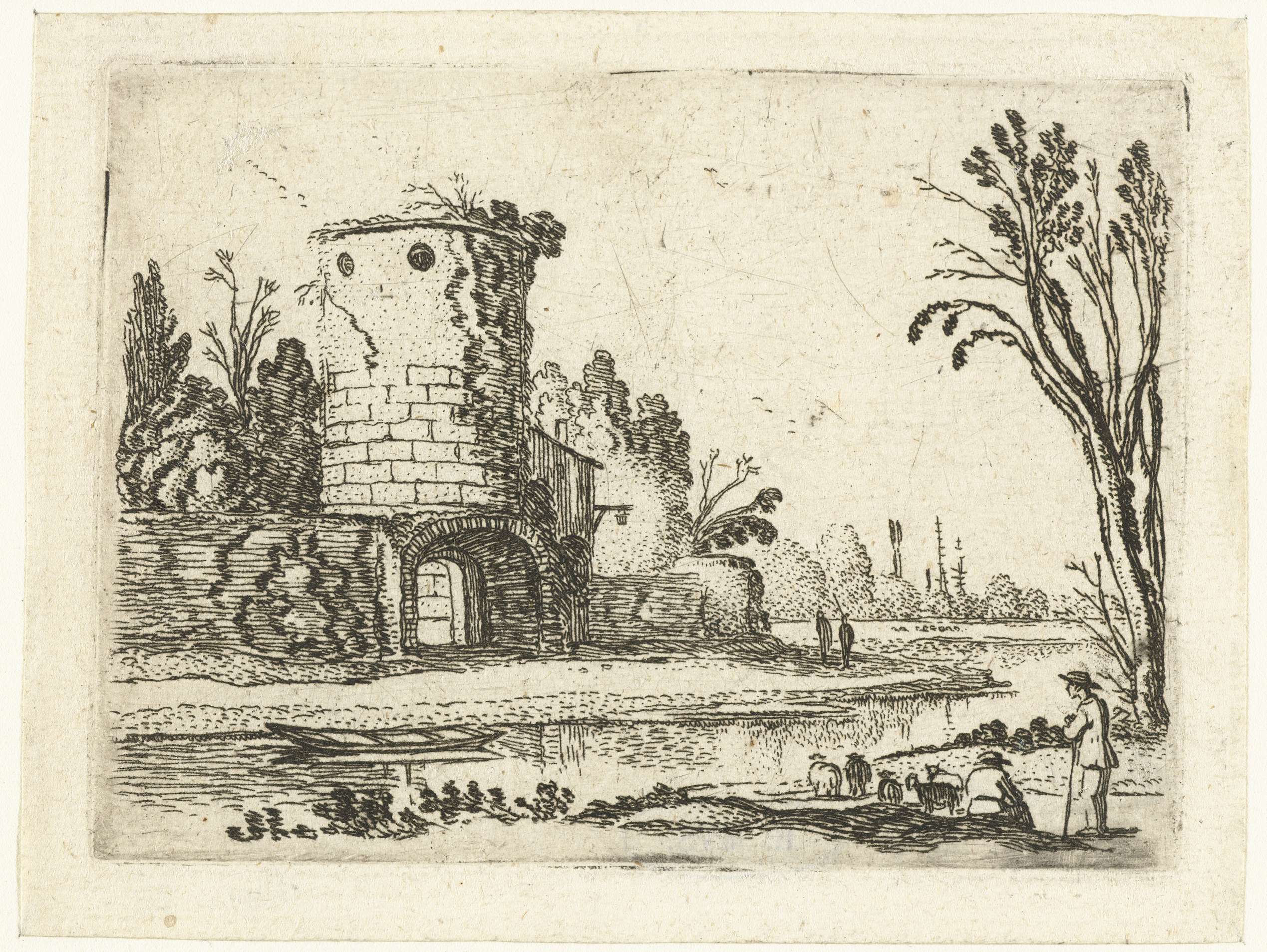 Ronde toren met een poort, etching by Esaias van de Velde, showing a tower in a tranquil landscape.