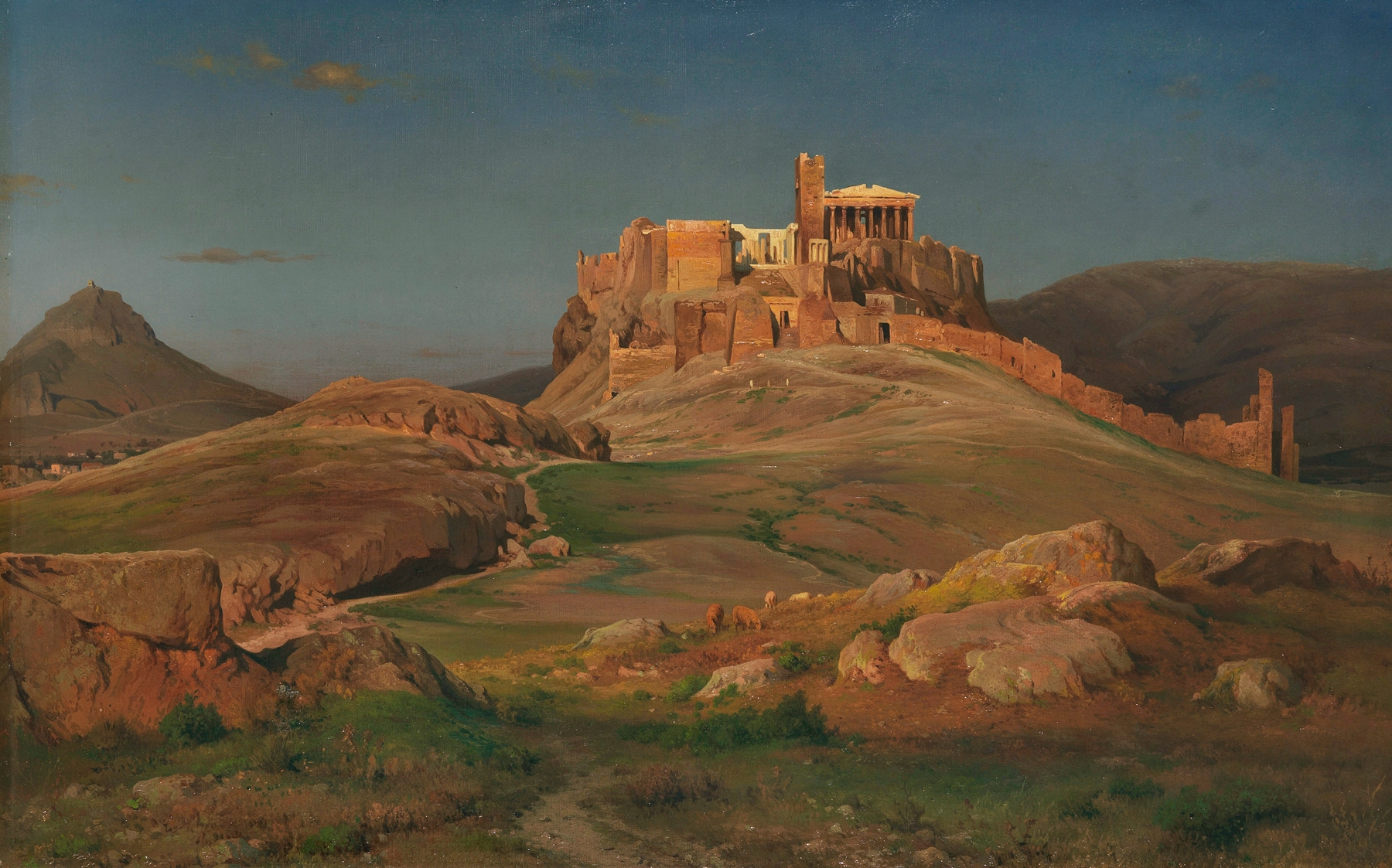 Die Akropolis im Abendlicht by Louis Gurlitt, oil on canvas depicting the Parthenon at sunset.