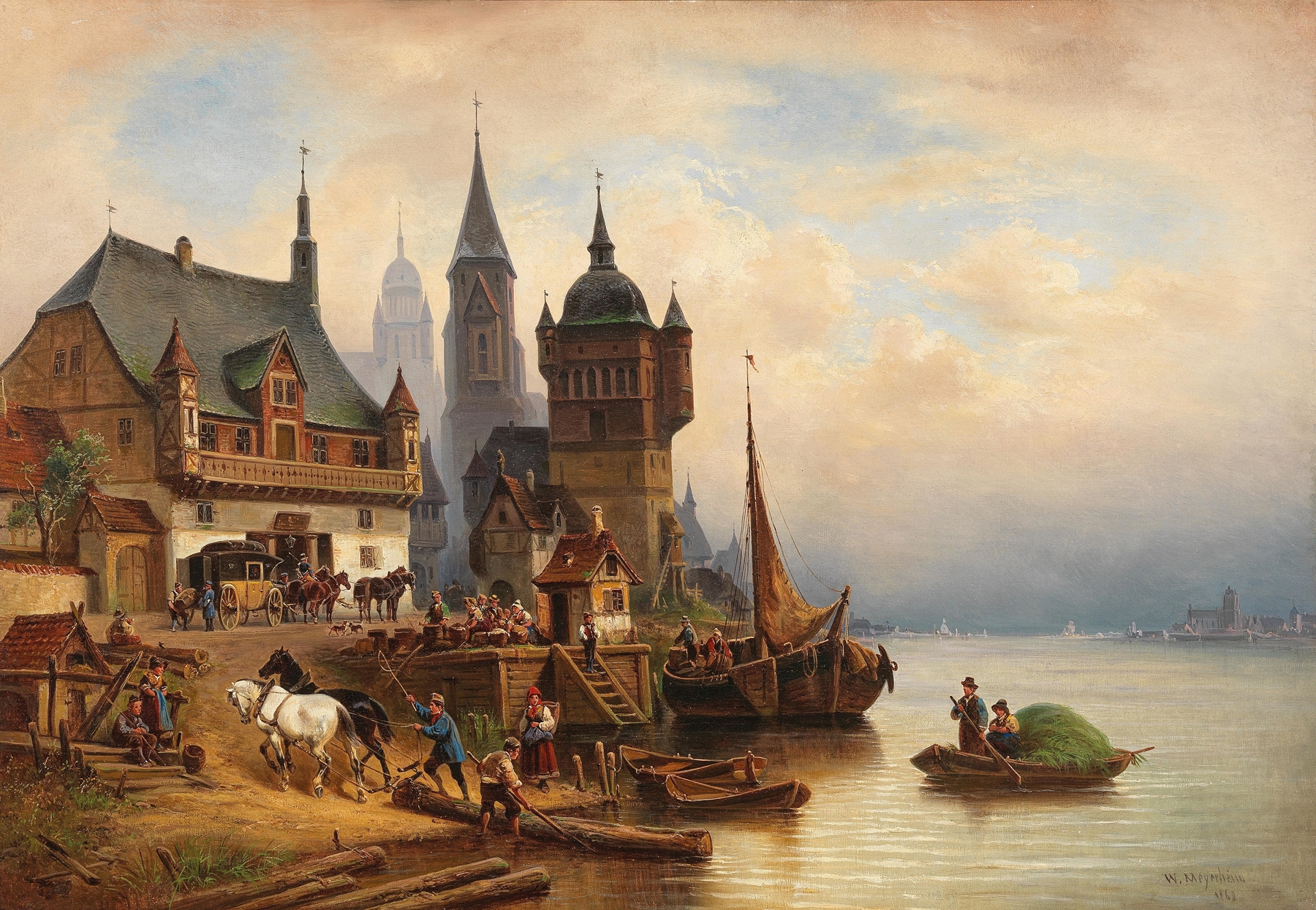 Postkutsche im Pommerschen Hafen, oil on canvas by Wilhelm Alexander Meyerheim