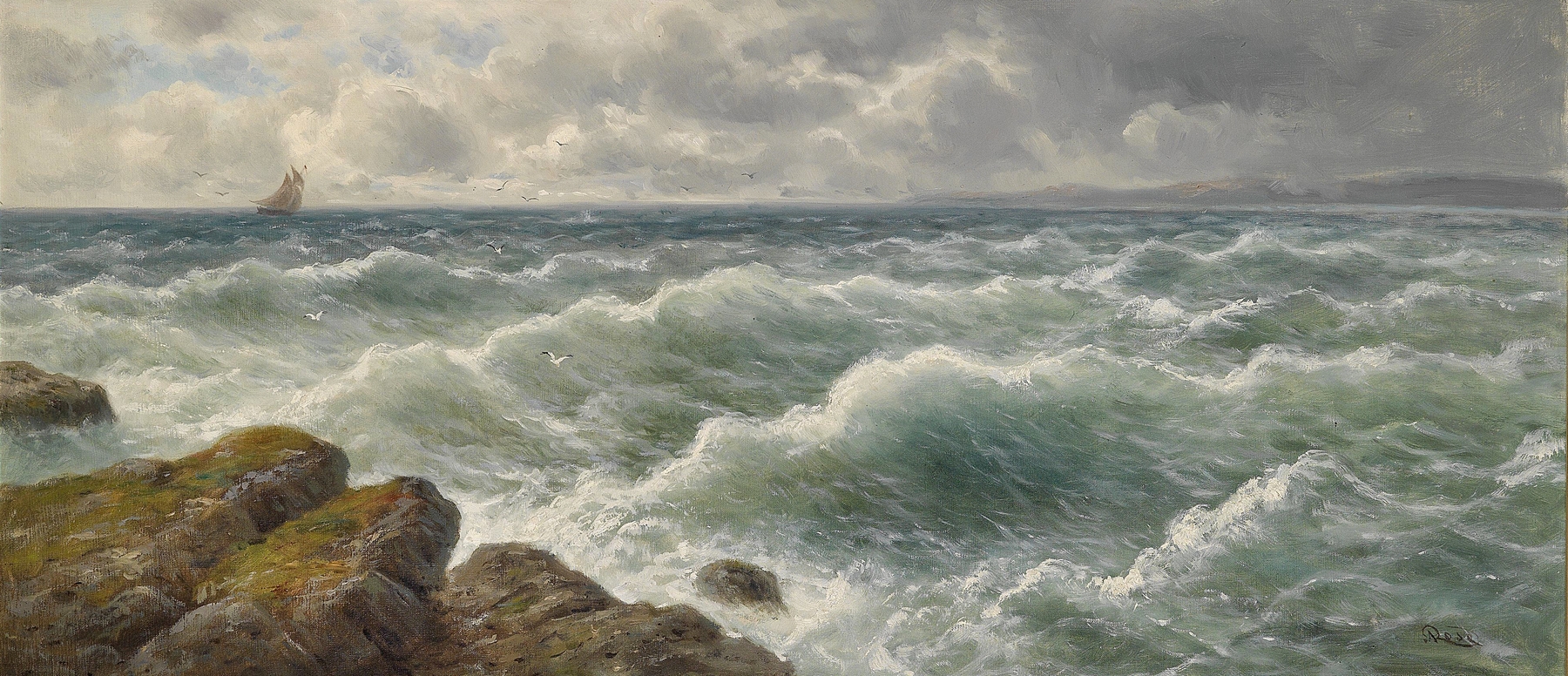 Küstenlandschaft by Julius Rose, a romantic landscape oil painting depicting hills and sea.