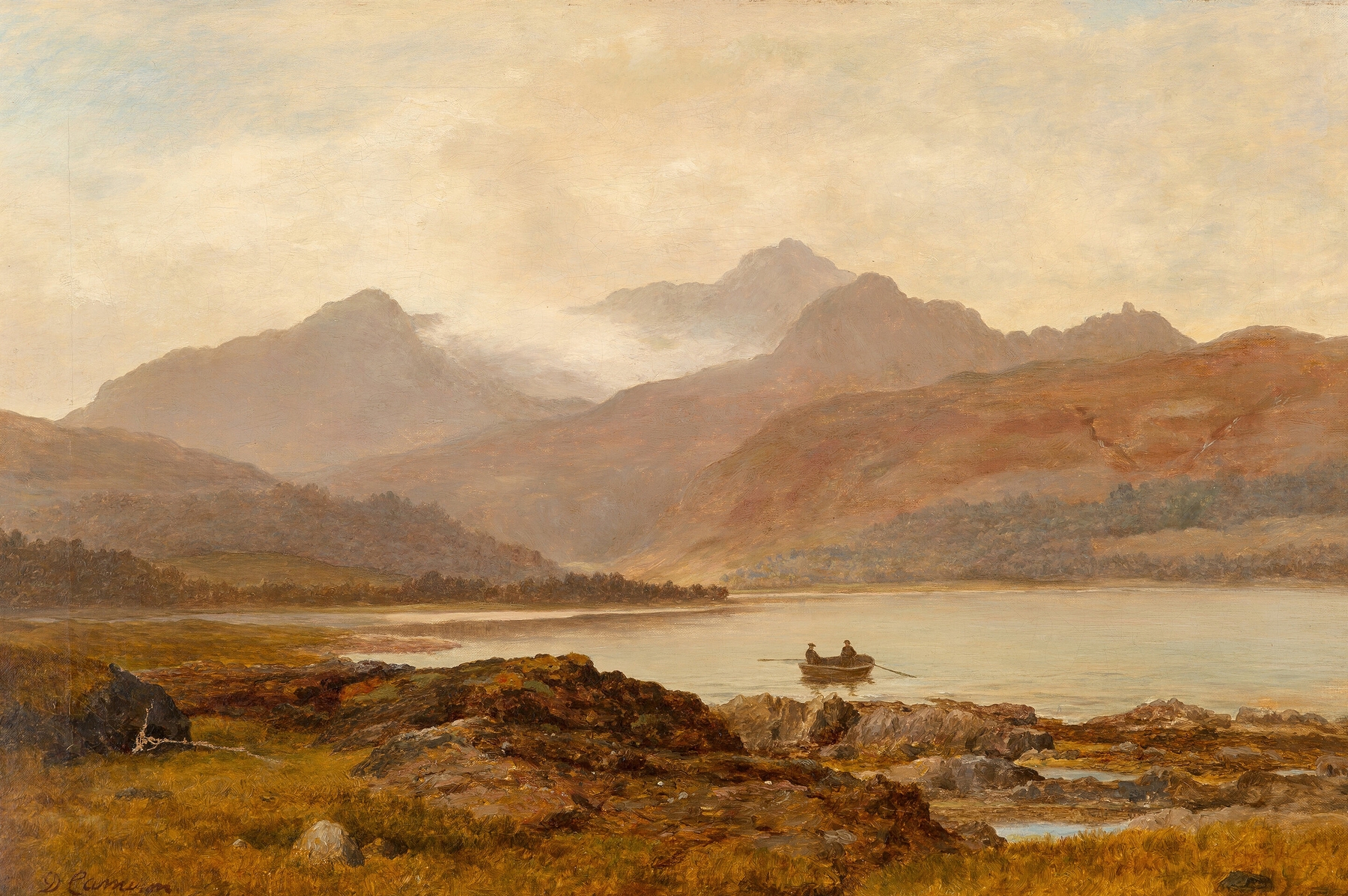 Loch in the Highlands by Duncan Cameron, oil on canvas depicting a tranquil Scottish landscape.