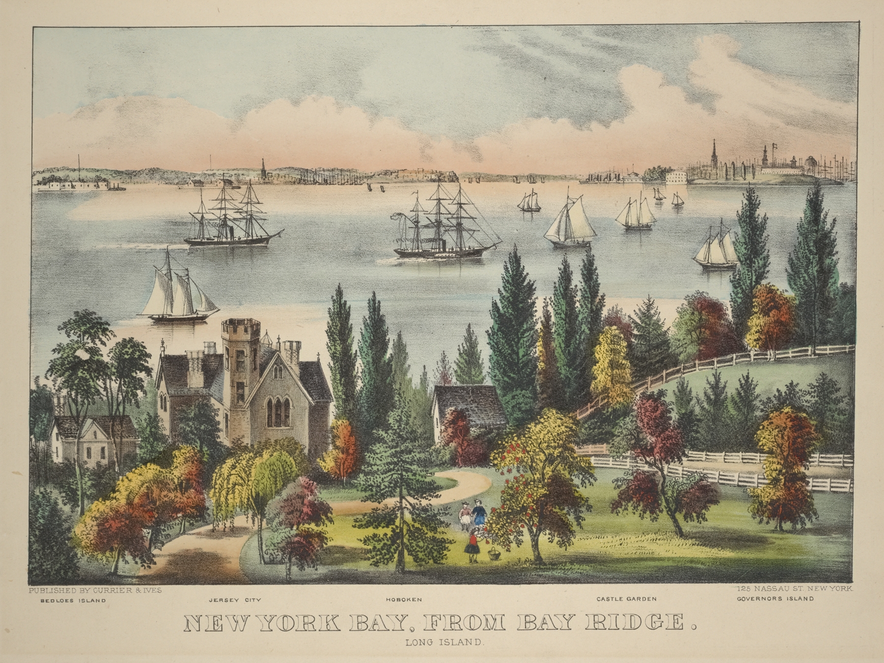New York Bay, from Bay Ridge. Long Island. Bedloes Island, Jersey City, Hoboken, Castle Garden, Governor’s Island, by Currier & Ives., public domain