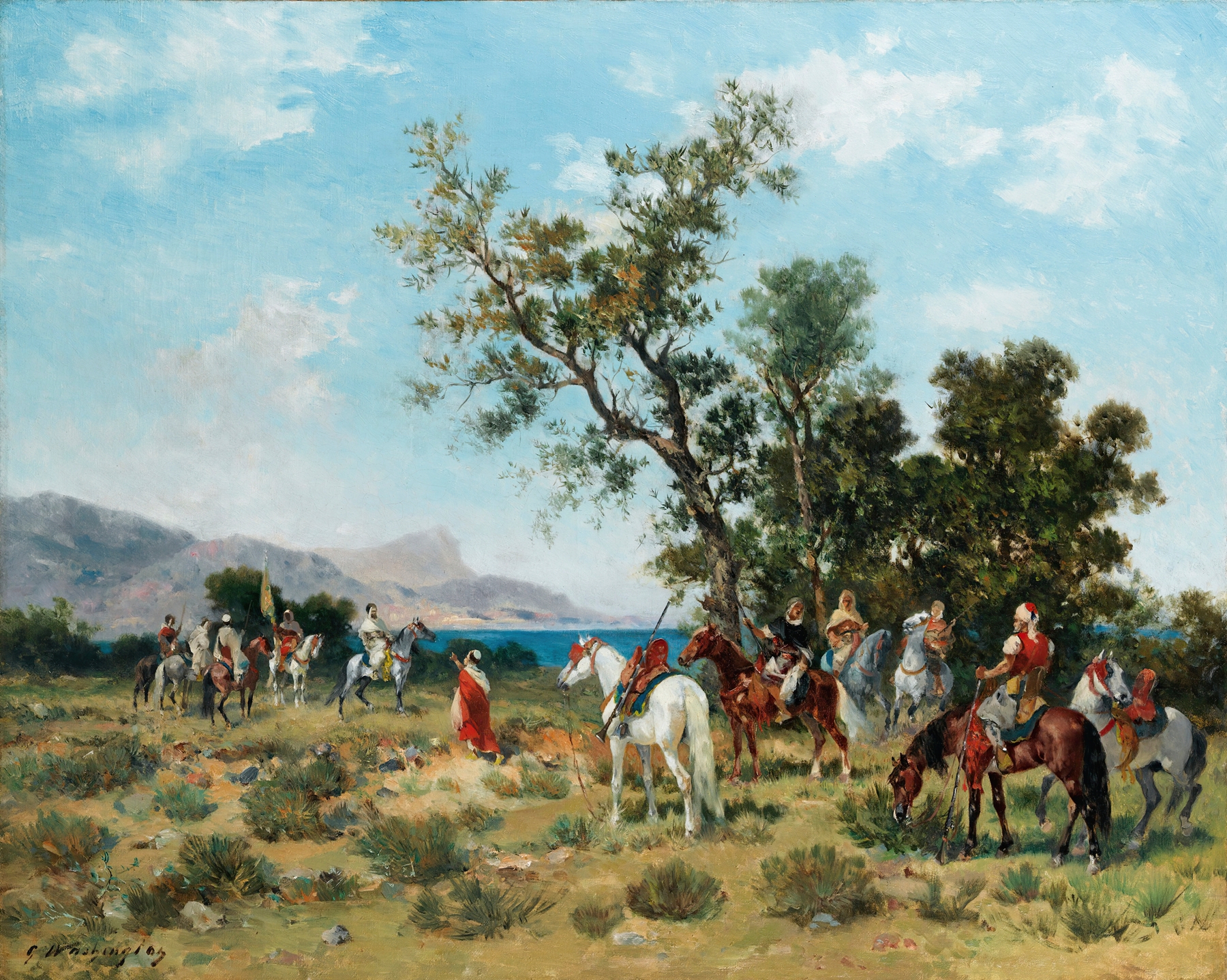 La Rencontre des Cavaliers by Georges Washington, oil painting depicting two riders on horseback.
