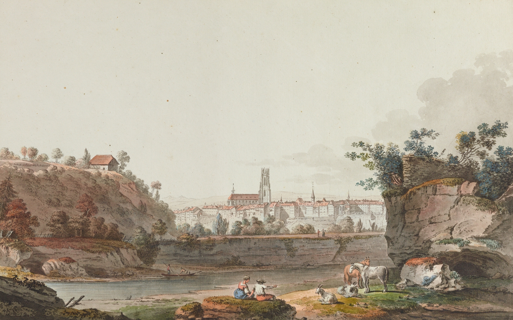 Vue de Fribourg et de la Sarine by Joseph Emmanuel Curty, oil painting depicting mountains and a river.