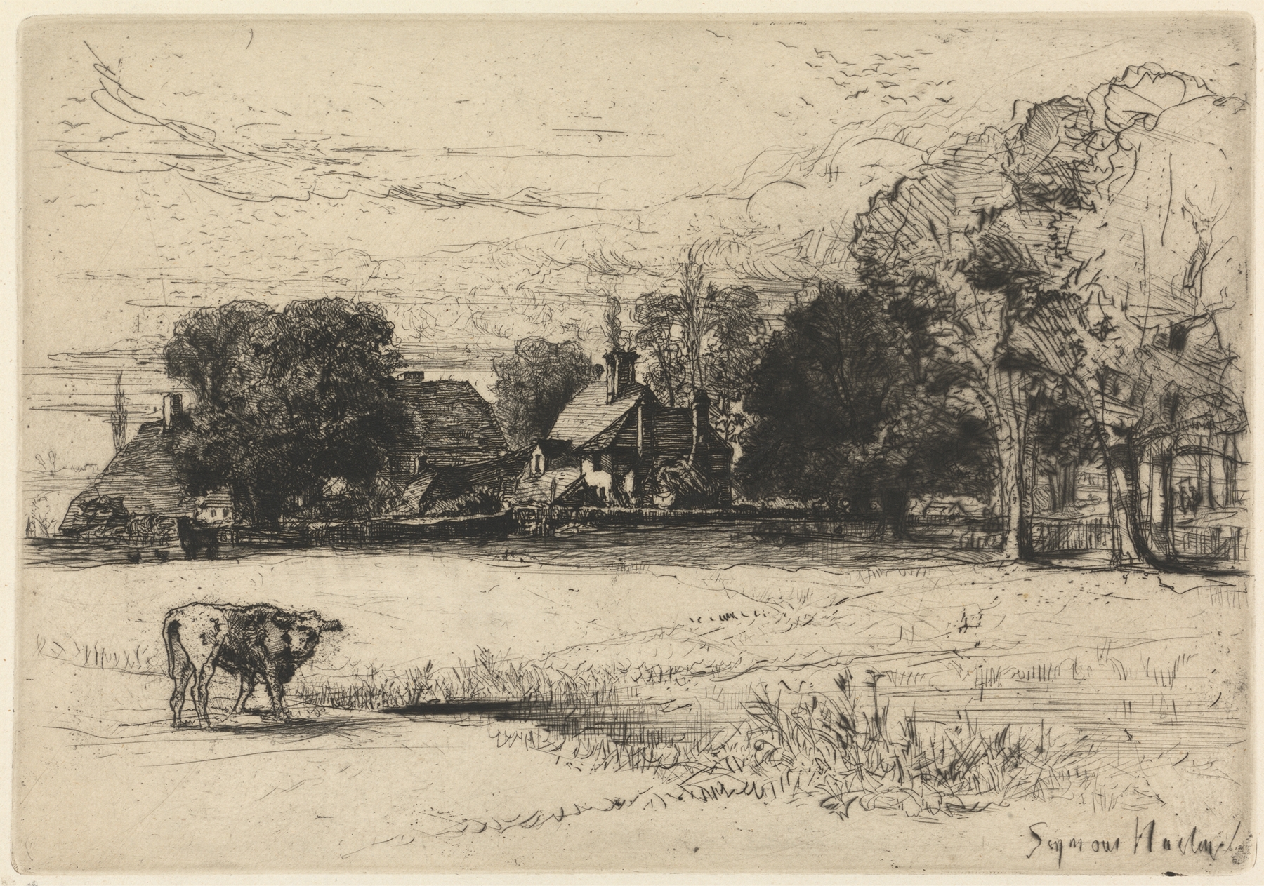 Cottages behind Horsley’s House, by Francis Seymour Haden, public domain