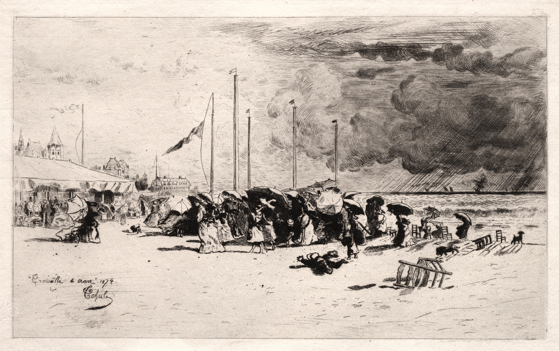 The Squall at Trouville, etching by Félix Hilaire Buhot, depicting a stormy sea and swirling clouds.