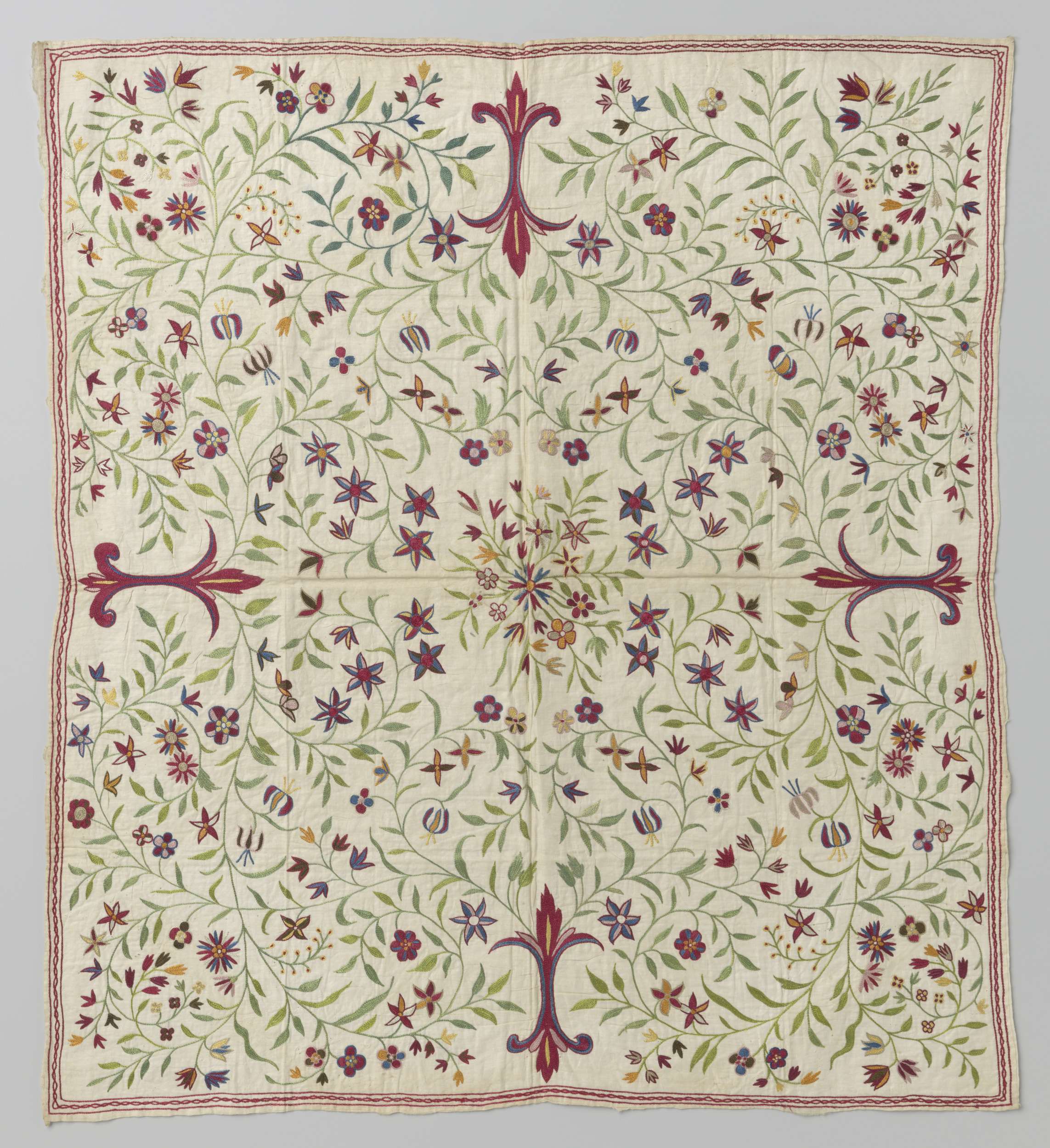 Victorian textile with colorful embroidery, featuring intricate patterns.