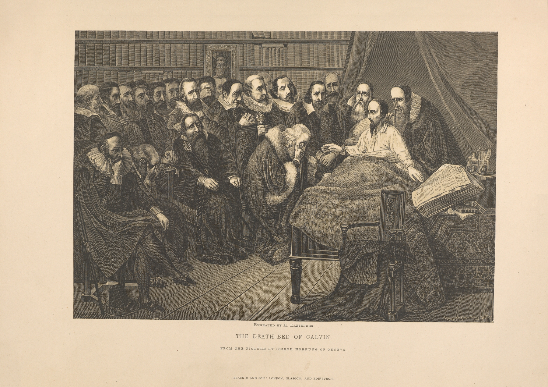 The Death of Calvin by Theodor Gsell Fels, oil painting depicting a somber scene of mourning.
