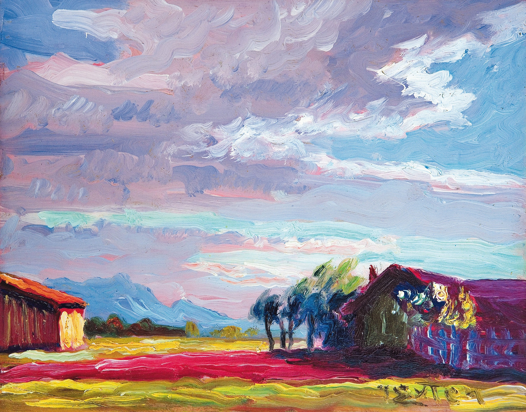 Landscape at sunset by Julius Exter, oil on canvas