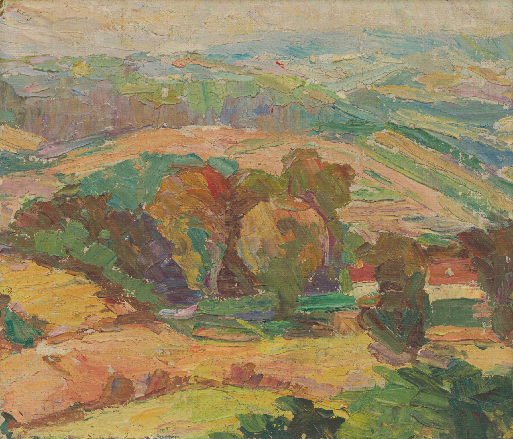 Landscape by Bohumil Hanák, oil on canvas, featuring rolling fields and a cerulean sky.
