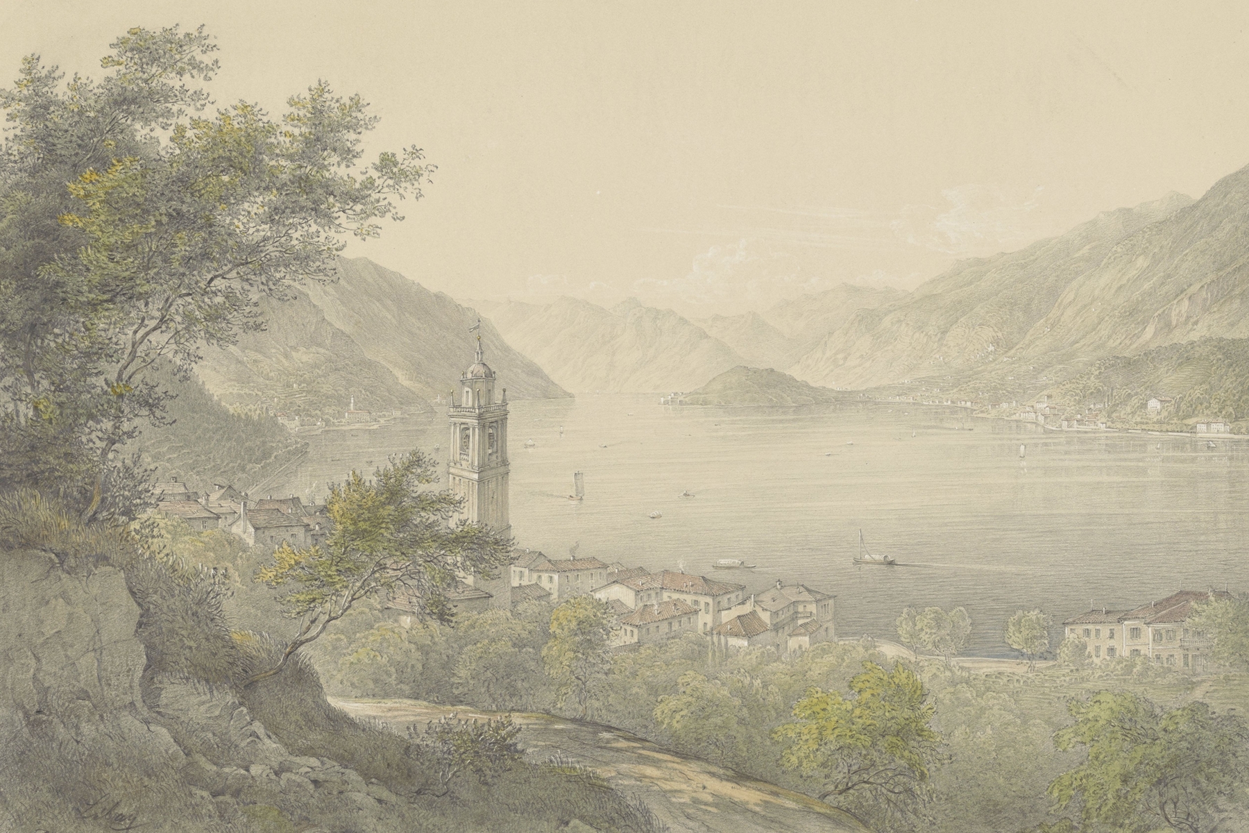 Lake Como landscape with village, oil on canvas by Karoly Lajos Libay