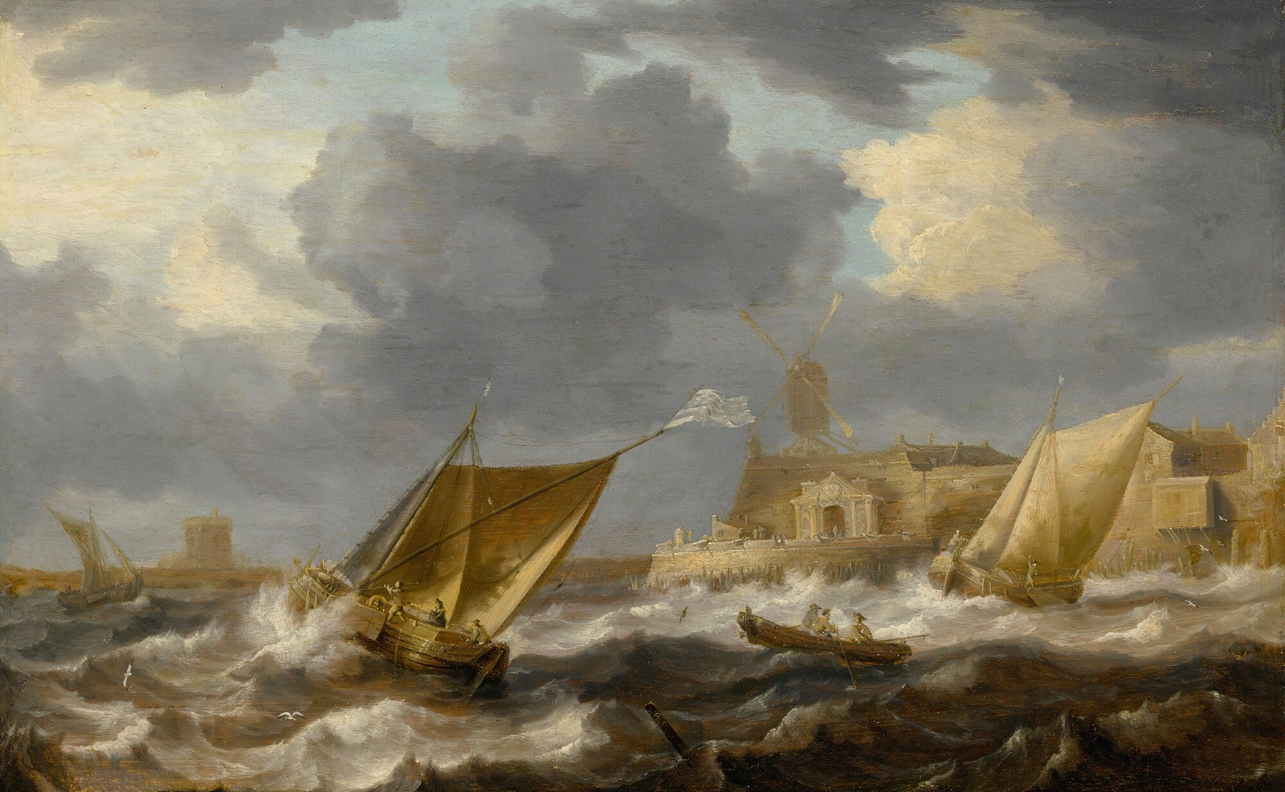 Vessels and a rowing boat on choppy waters, oil painting by Bonaventura Peeters the Elder