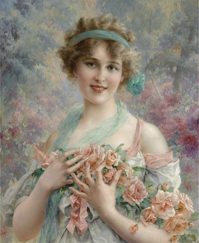 A portrait of a young woman surrounded by roses.