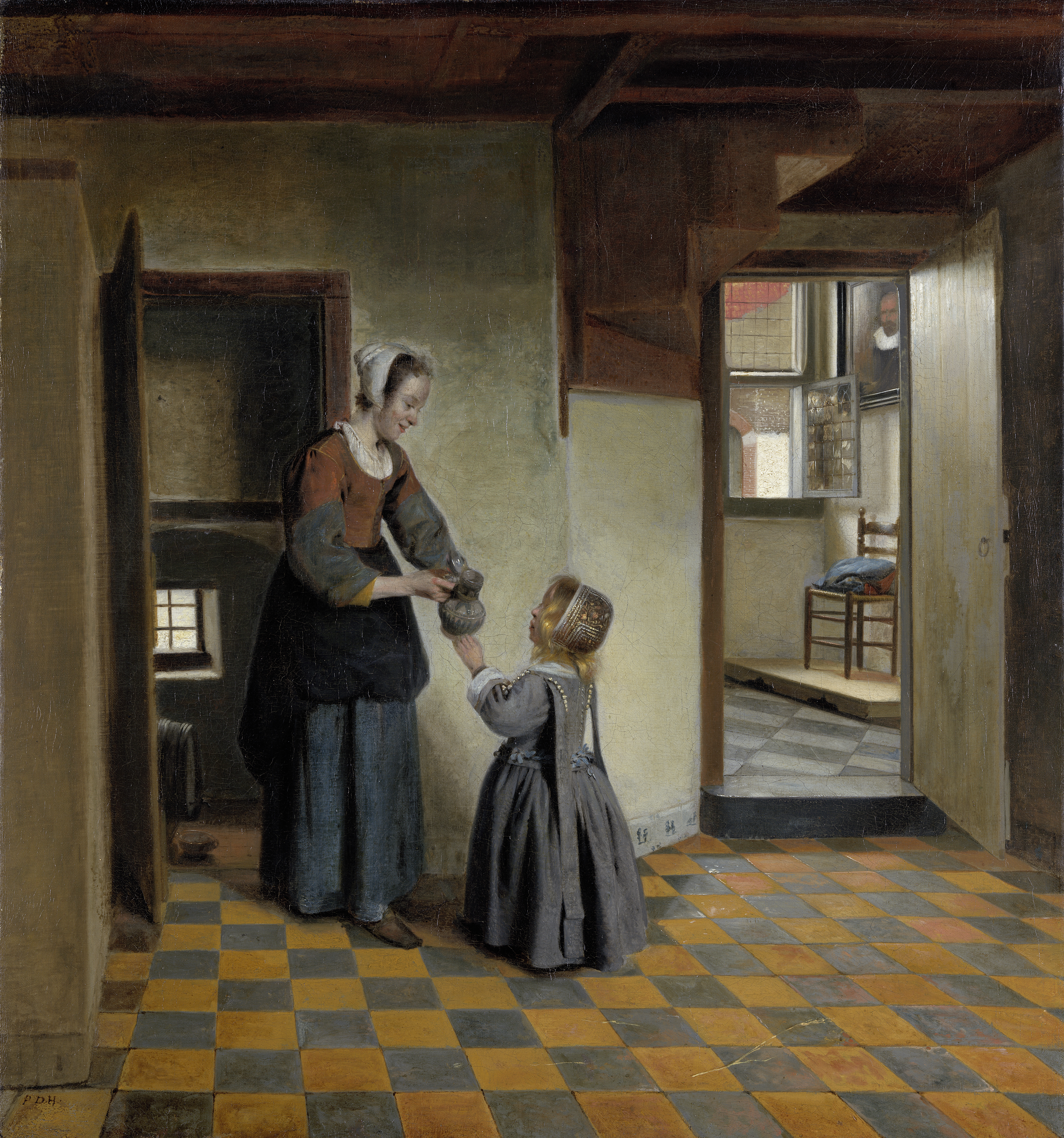 A Maid with a Child in a Pantry, by Pieter de Hooch, public domain