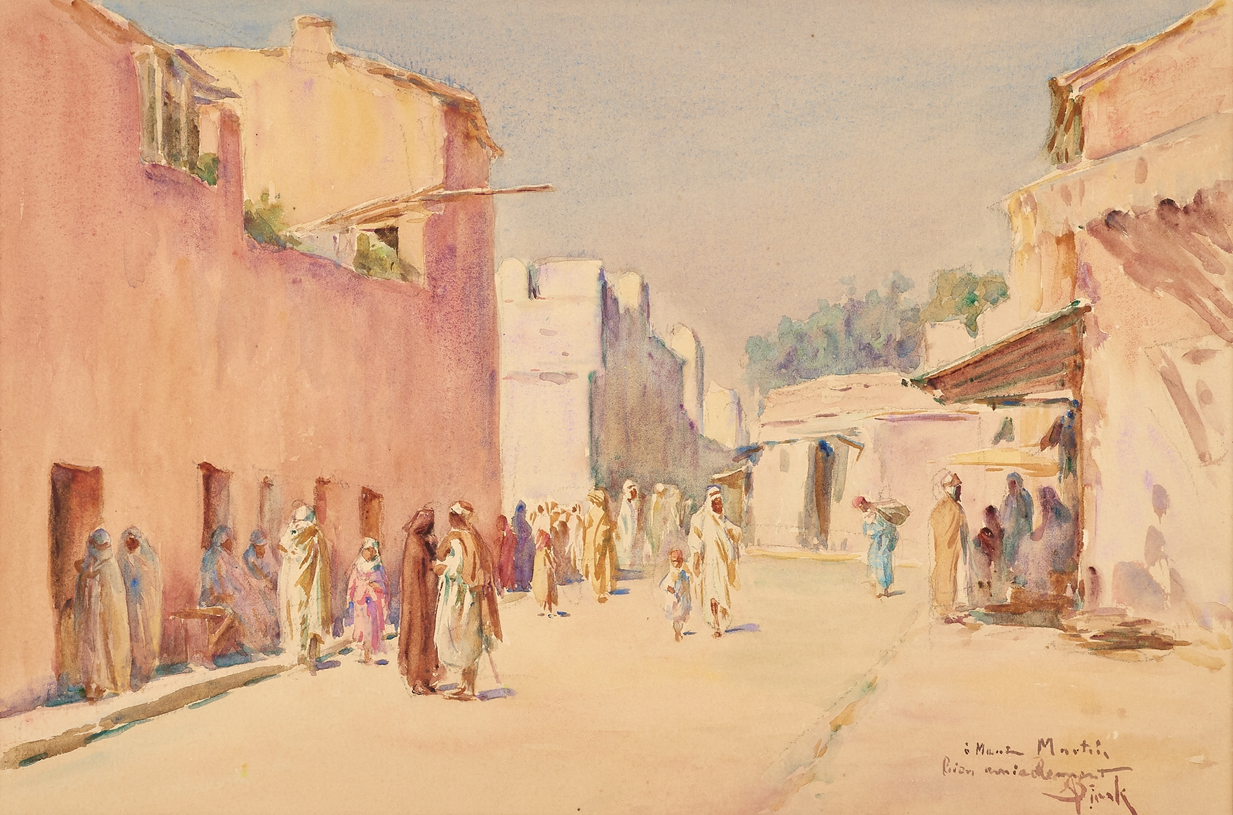 Ruelle ensoleillée by Alphonse Birck, oil on canvas depicting a sunlit cobblestone street.