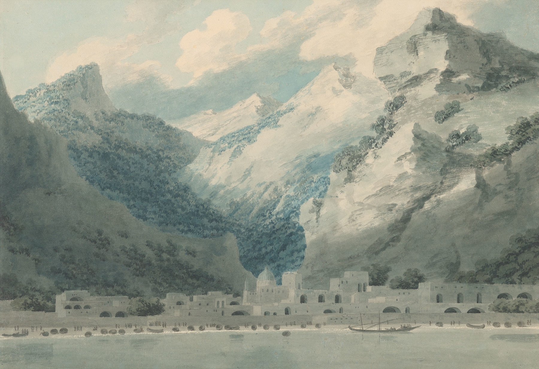 Watercolour by John Robert Cozens depicting a coastal village by the Gulf of Salerno