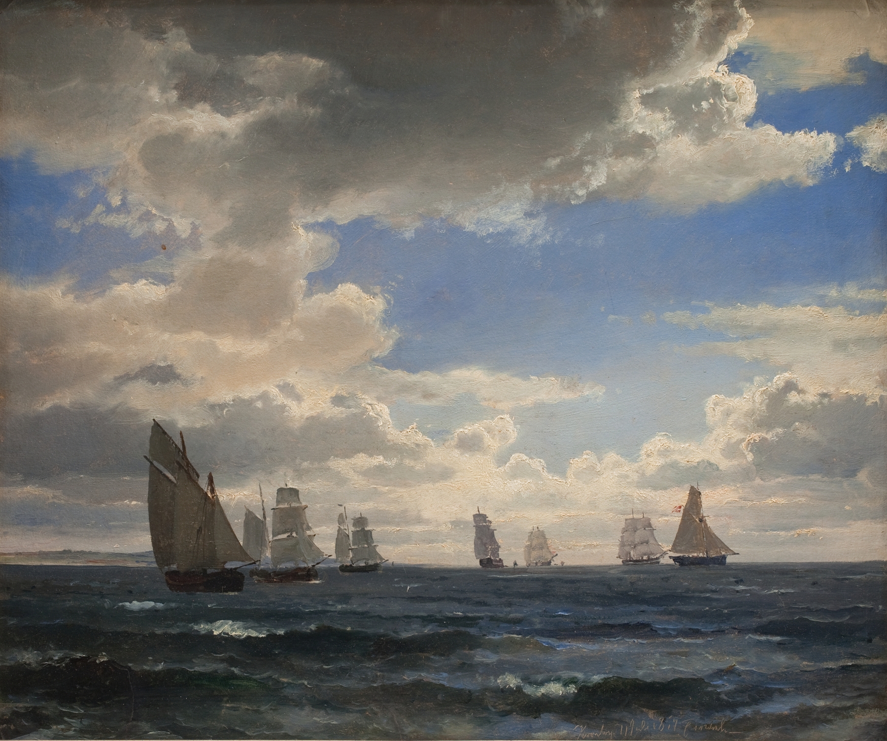 Sailing Ships in the Sound south of Kronborg by Carl Frederik Sørensen, oil painting depicting ships on water