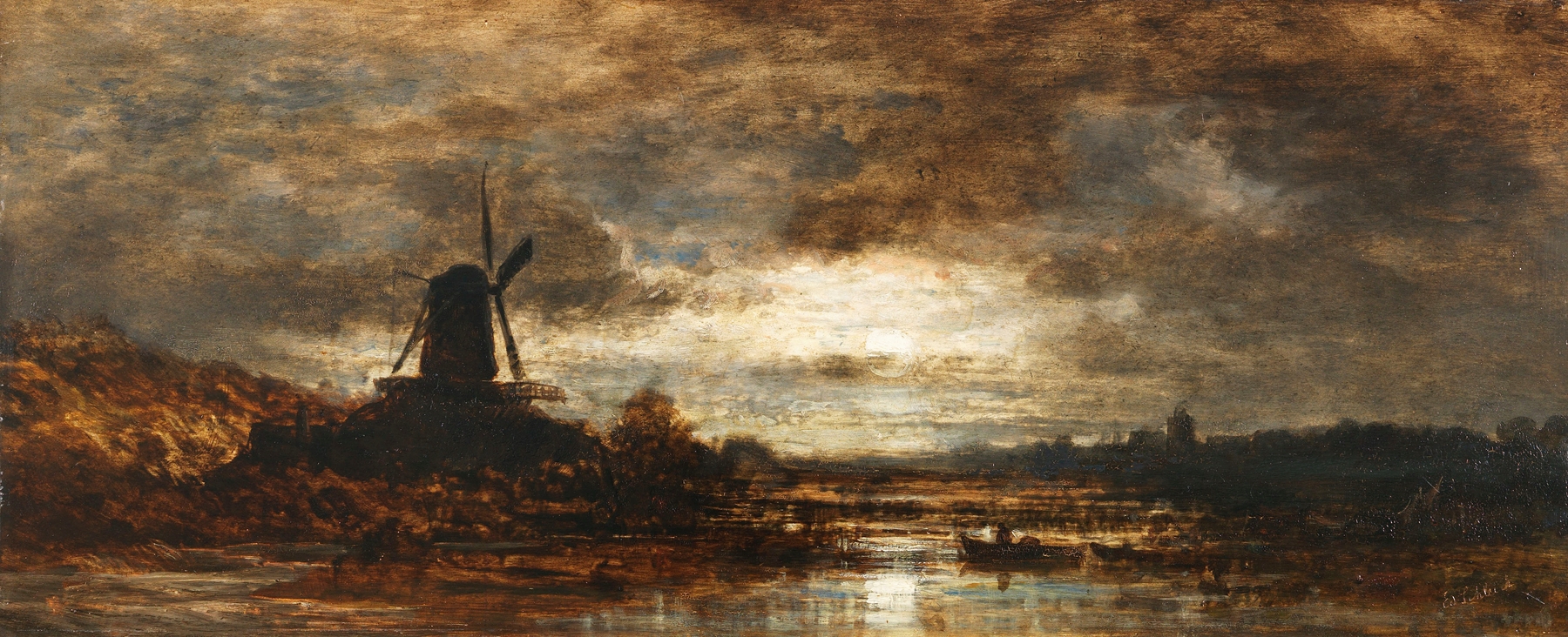 Holländische Flusslandschaft mit Mühle bei Mondschein, by Eduard Schleich The Elder, public domain