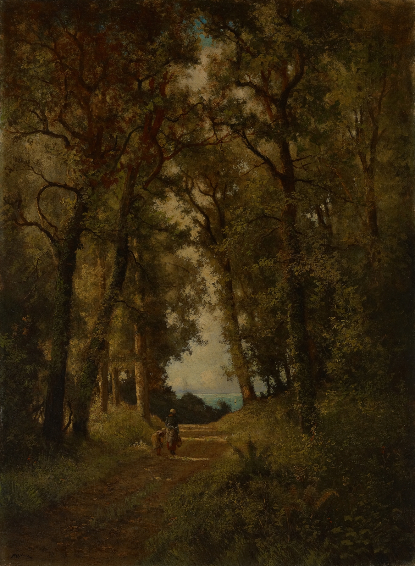 Scene in Devonshire by Robert Crannell Minor, oil painting depicting a stream and lush greenery.
