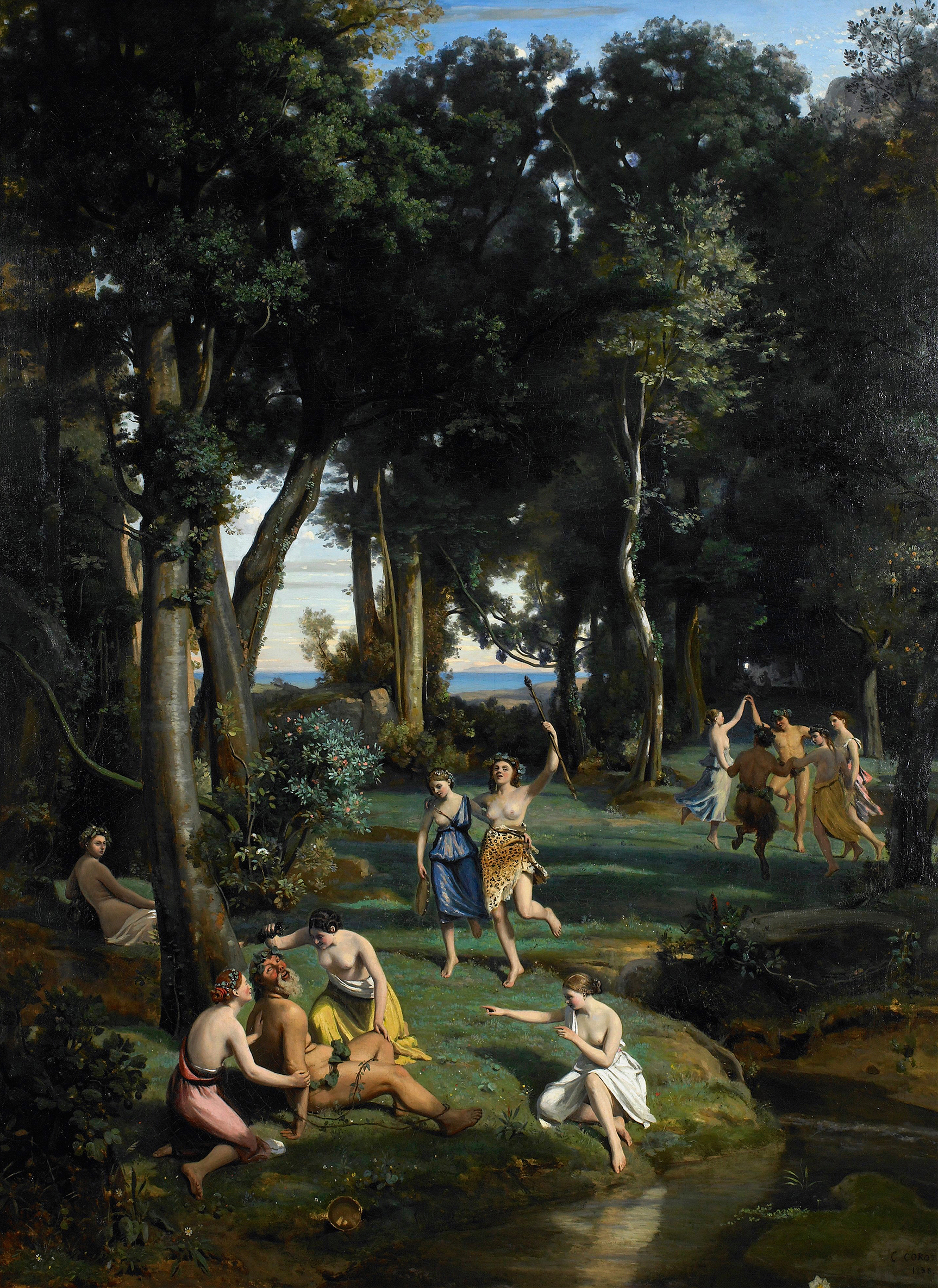 Silenus by Jean-Baptiste-Camille Corot, oil on canvas, featuring a reclining figure in a lush landscape.