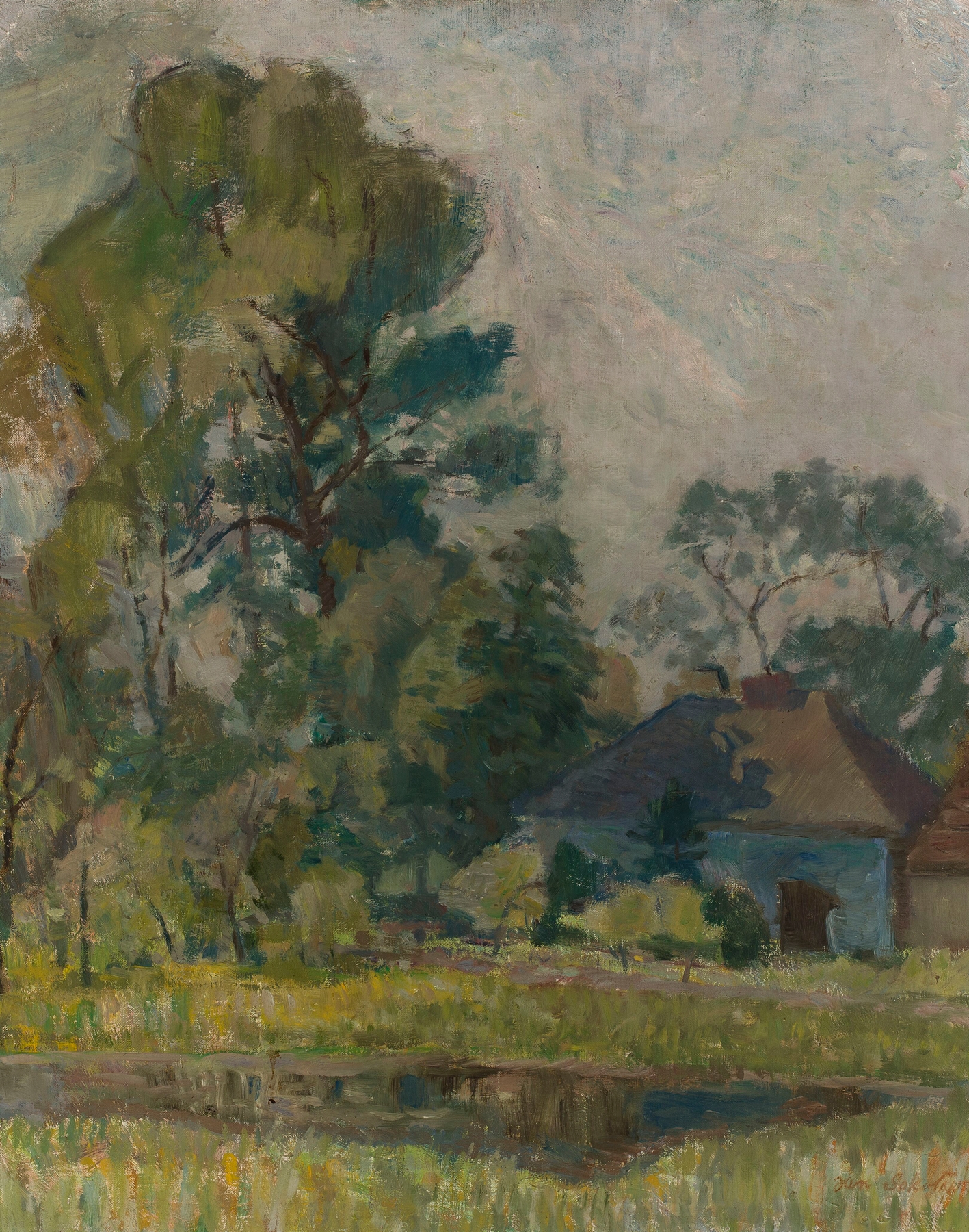 Landscape by Jan Seweryn Sokołowski, oil painting depicting sweeping vistas and soft hues.