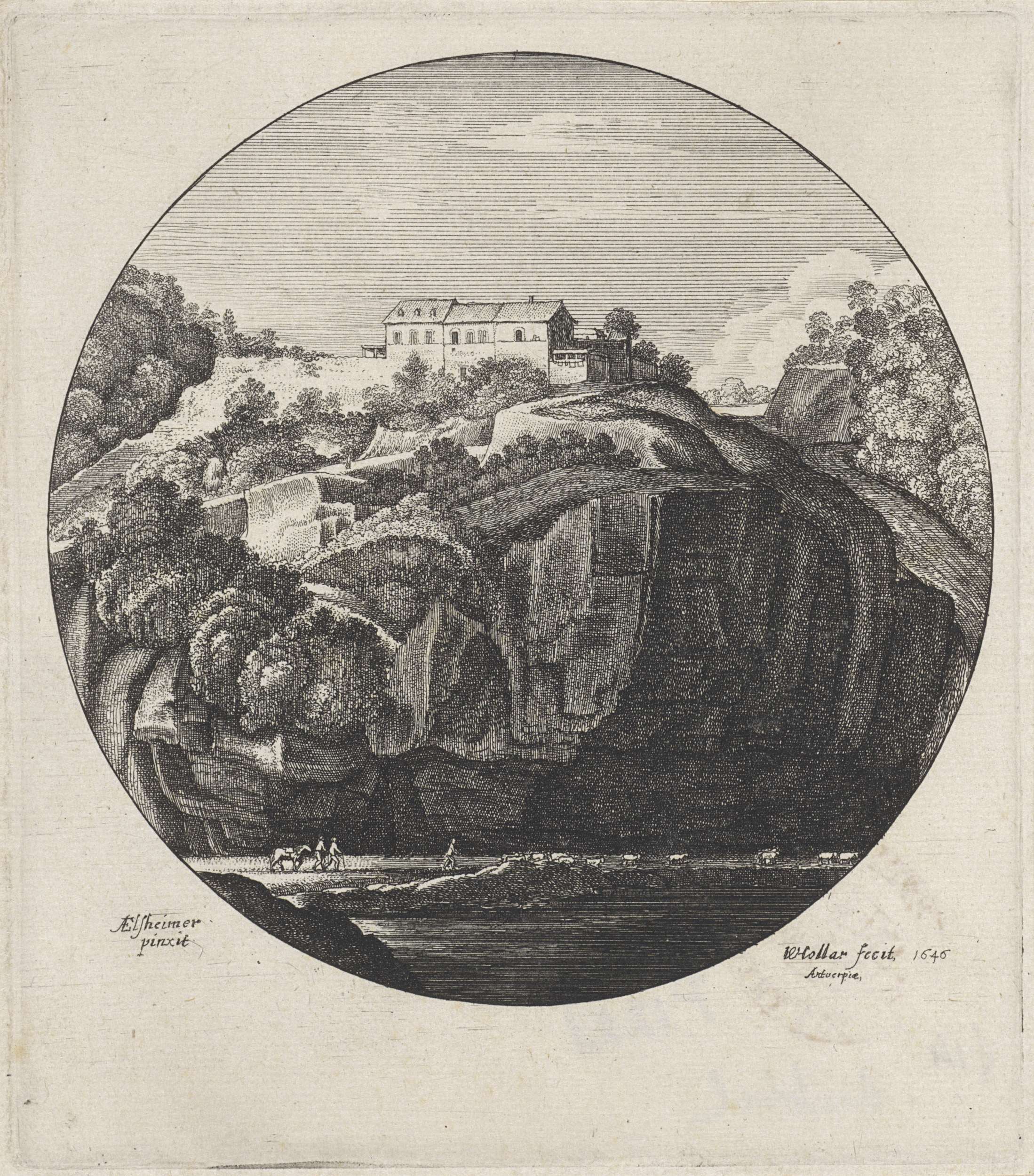 Landschap met huis op een klif by Wenceslaus Hollar, etching of a house on a cliff with vegetation.