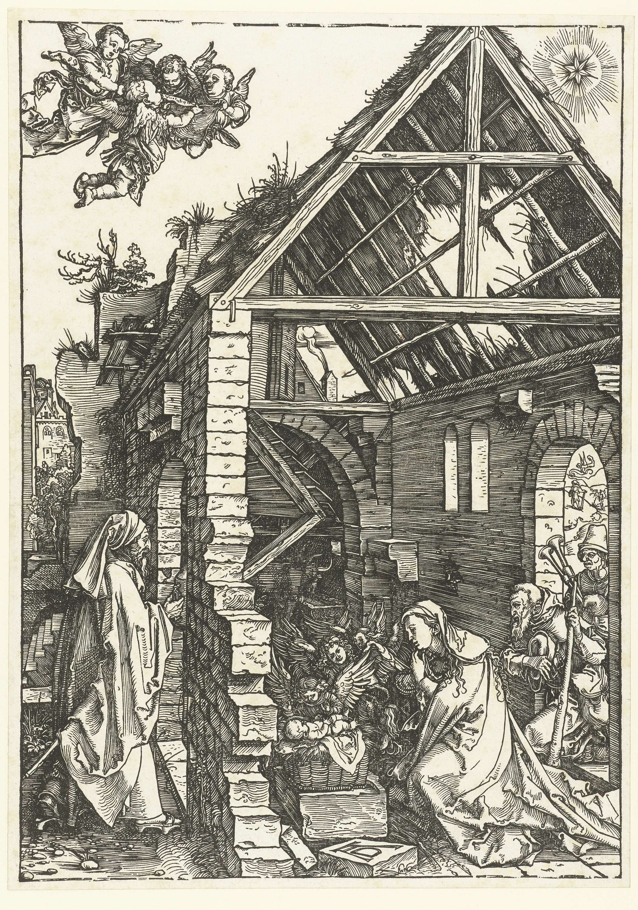 Aanbidding door de herders, paper artwork by Albrecht Dürer showing shepherds kneeling in light.