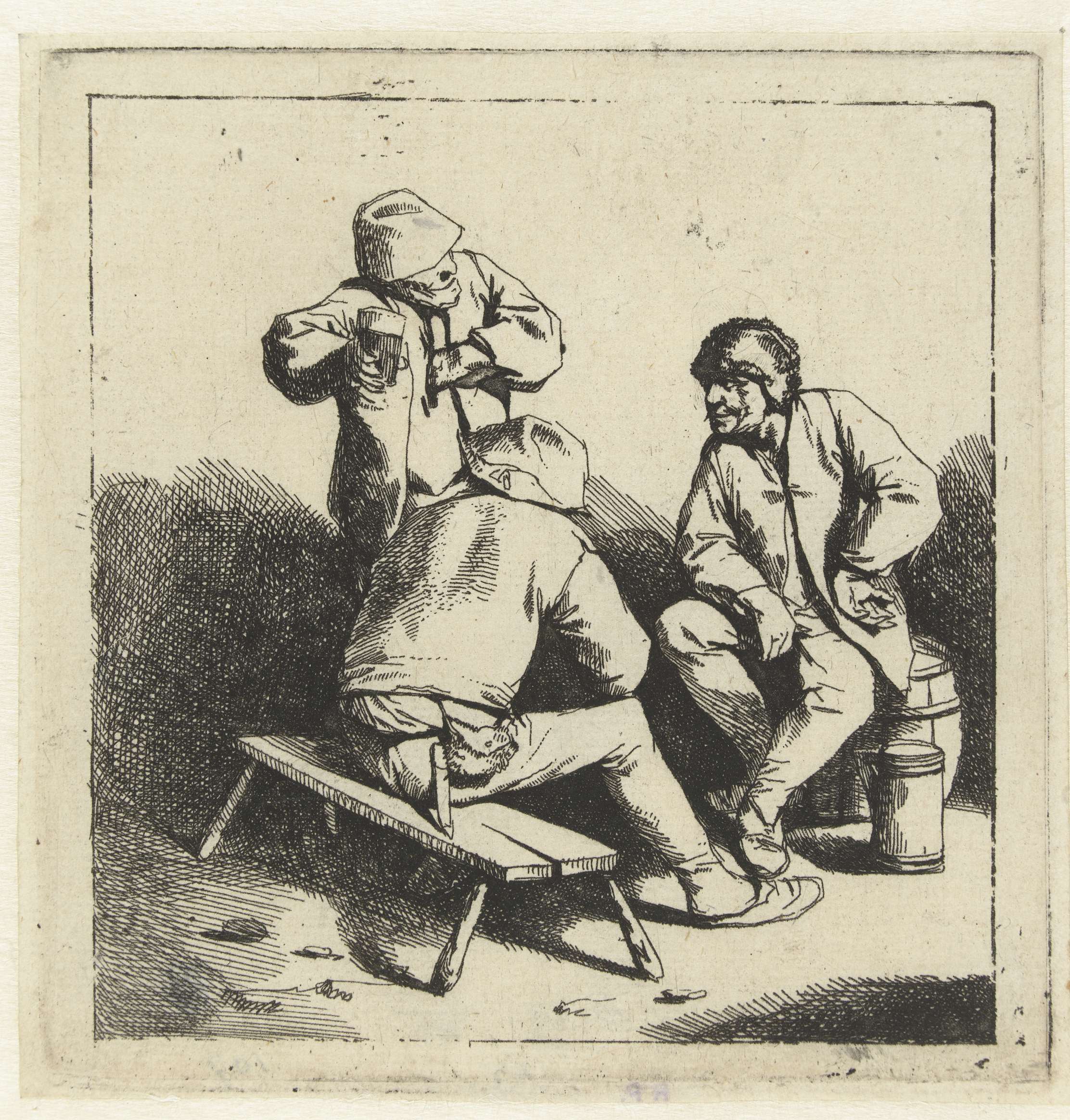 Etching by Cornelis Pietersz. Bega depicting three men drinking in candlelight.