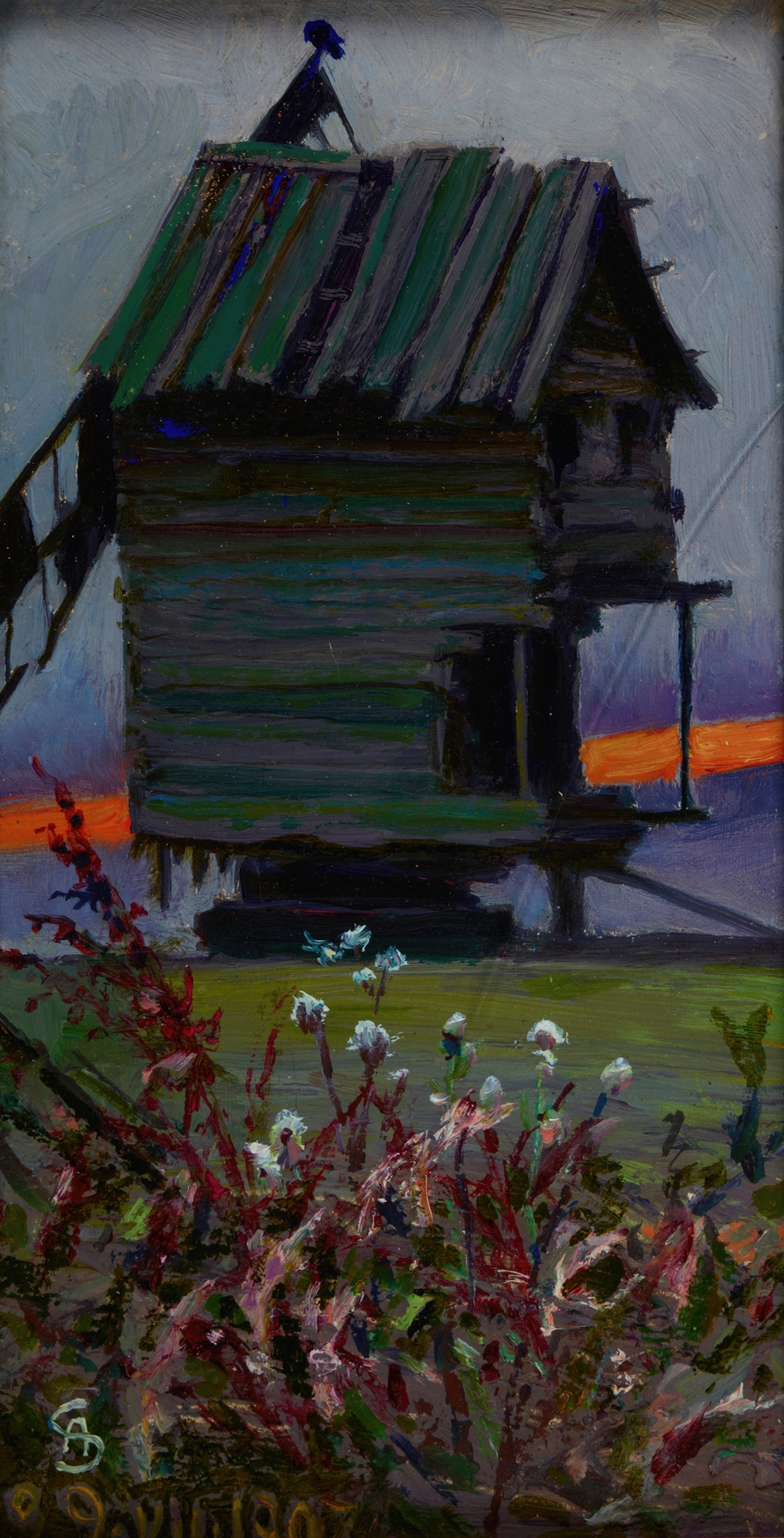 Old Windmill by Ambroży Sabatowski, oil painting depicting a decaying windmill in a natural landscape