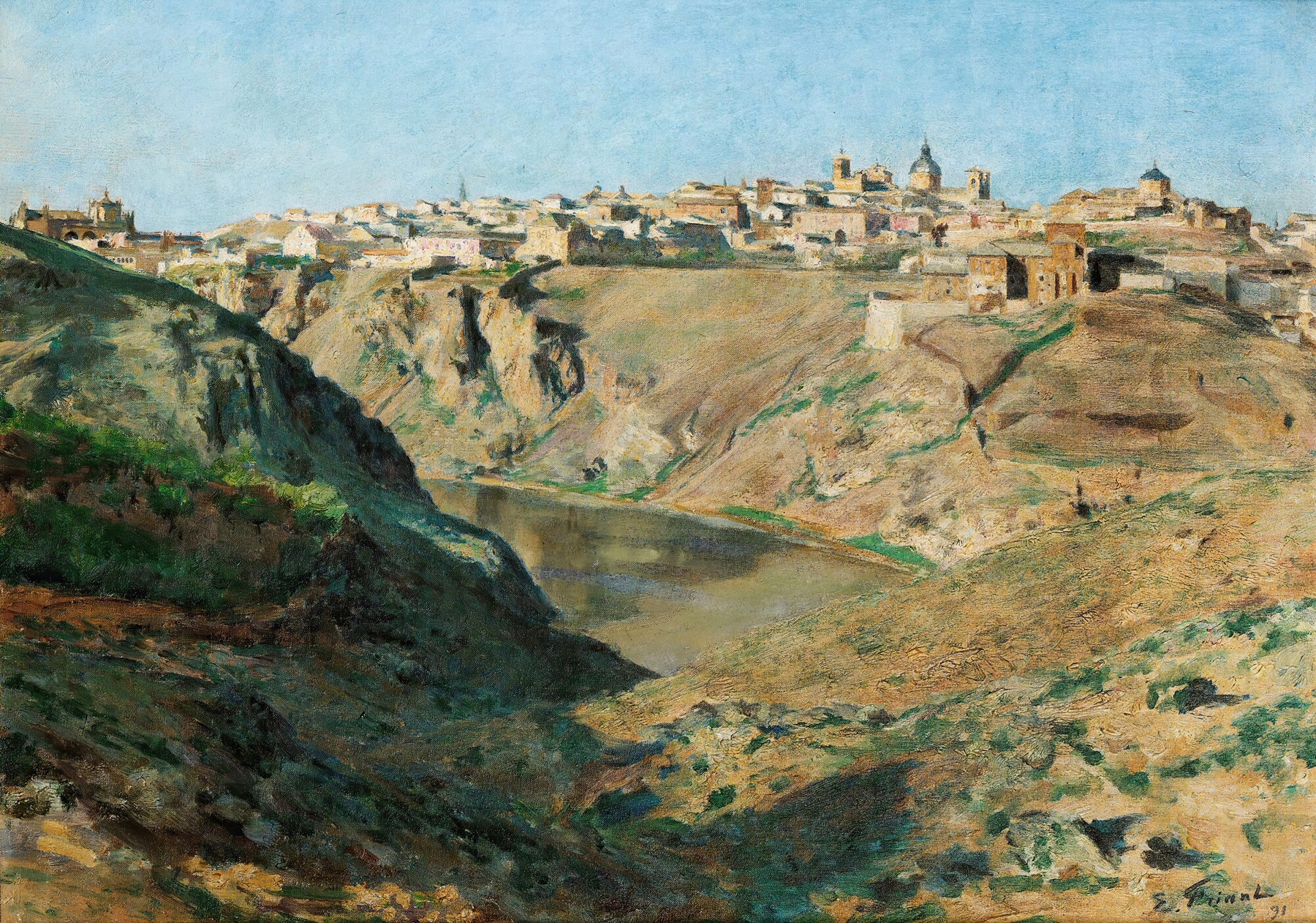 View of Toledo by Émile Friant, oil painting depicting a cityscape with dynamic clouds.