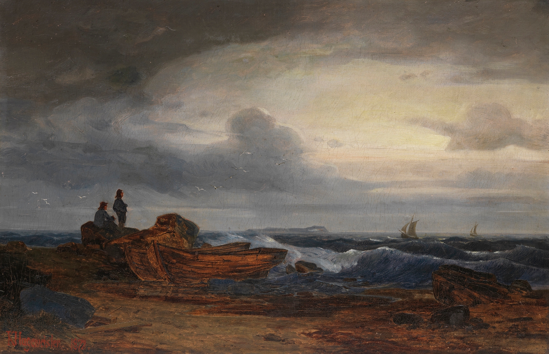 Marine scene with fishermen and boats on the ocean, oil on canvas by Karl Hagemeister