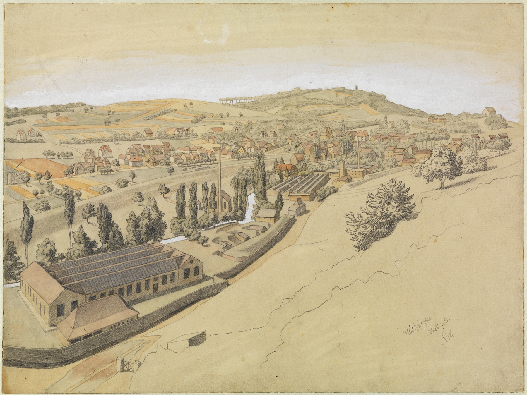 Landscape featuring hills and a tower, oil painting by Georg Scholz in 1925.