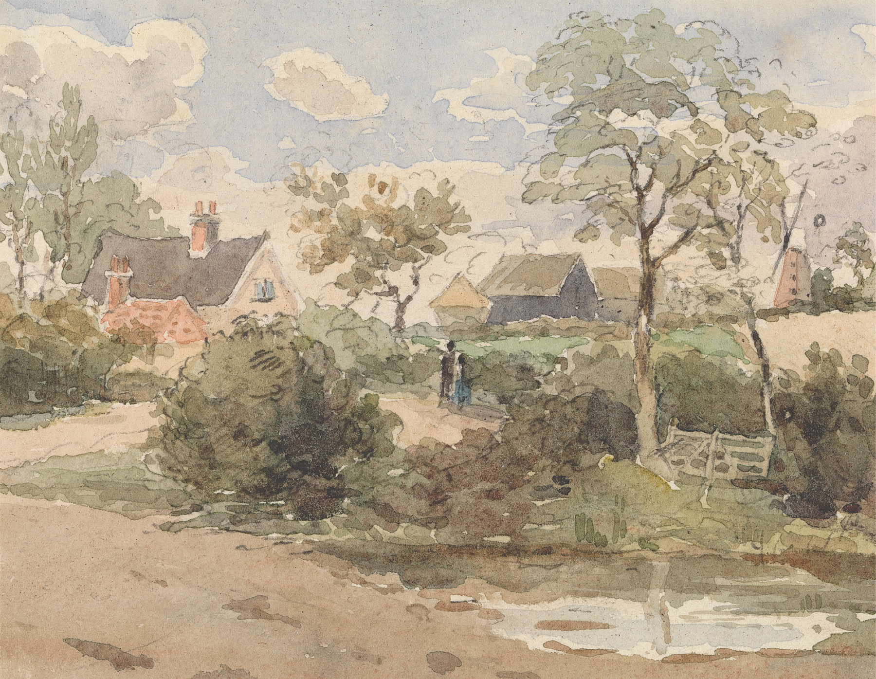 Country landscape with cottage, windmill, and pond by Thomas Churchyard, oil painting