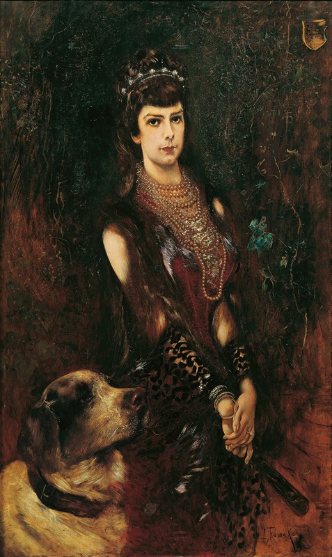 A portrait of Empress Elisabeth with a St. Bernard dog.