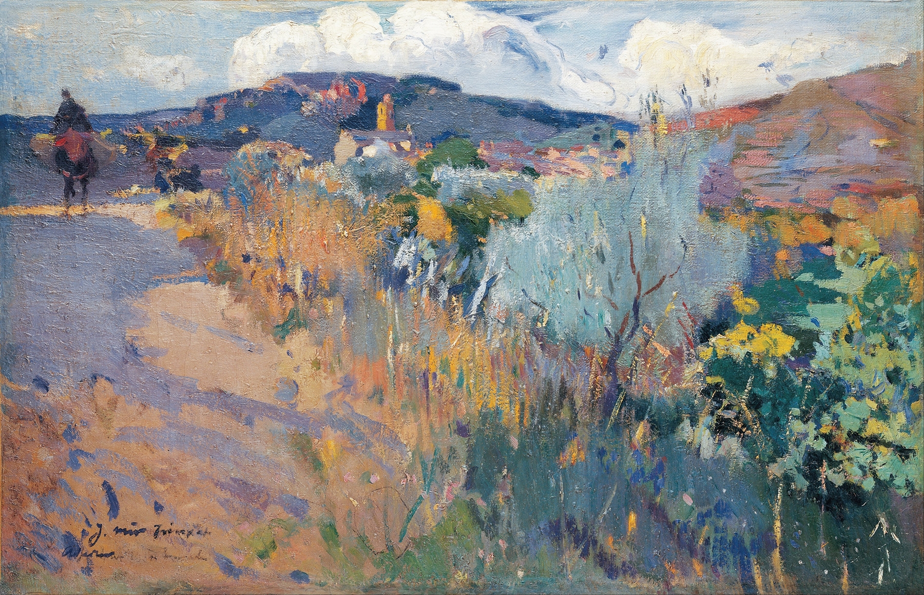 Landscape with rolling green hills at sunset by Joaquin Mir Trinxet, oil painting