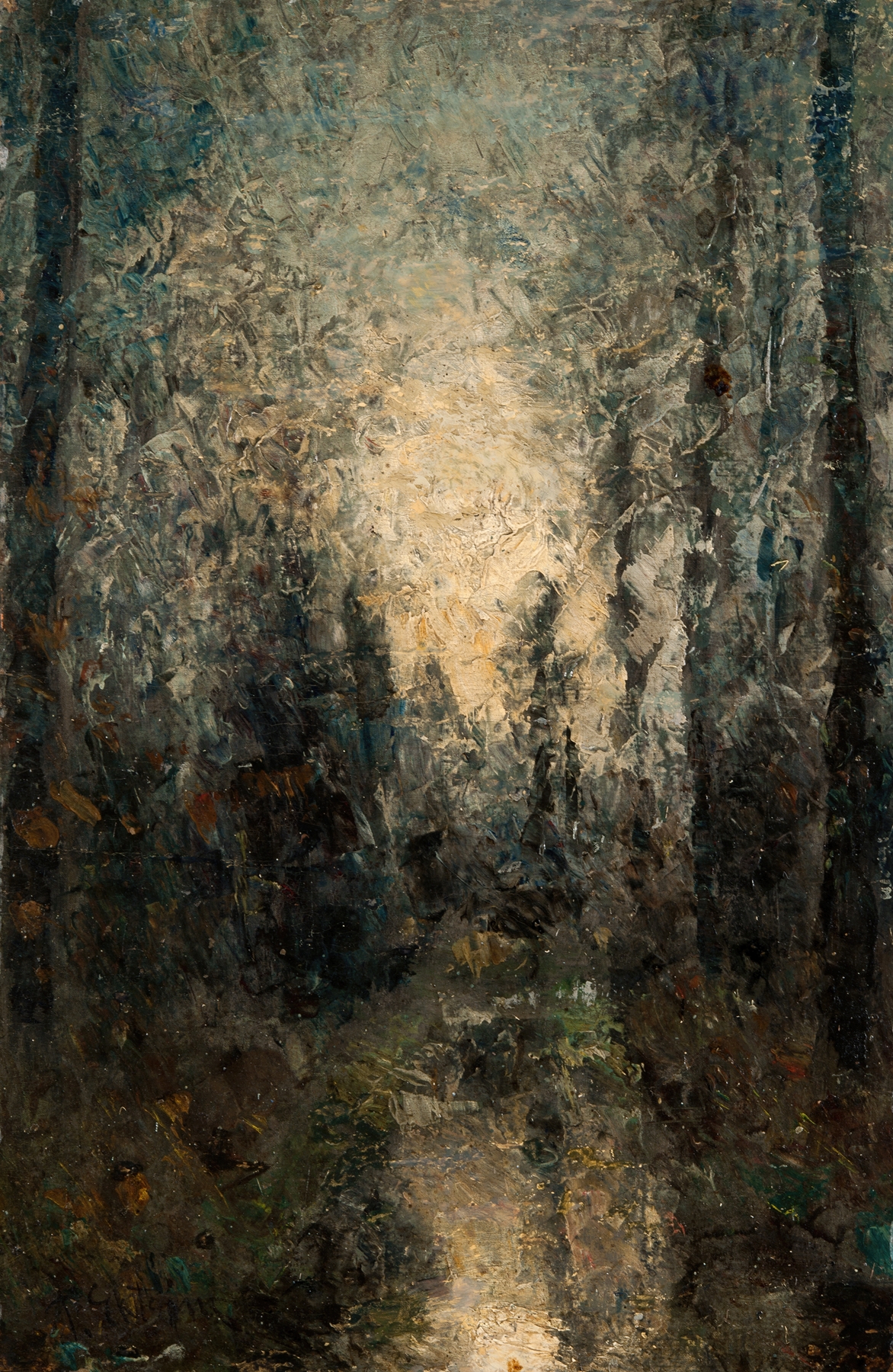 Oil painting by Per Ekström depicting sunlight shimmering through trees