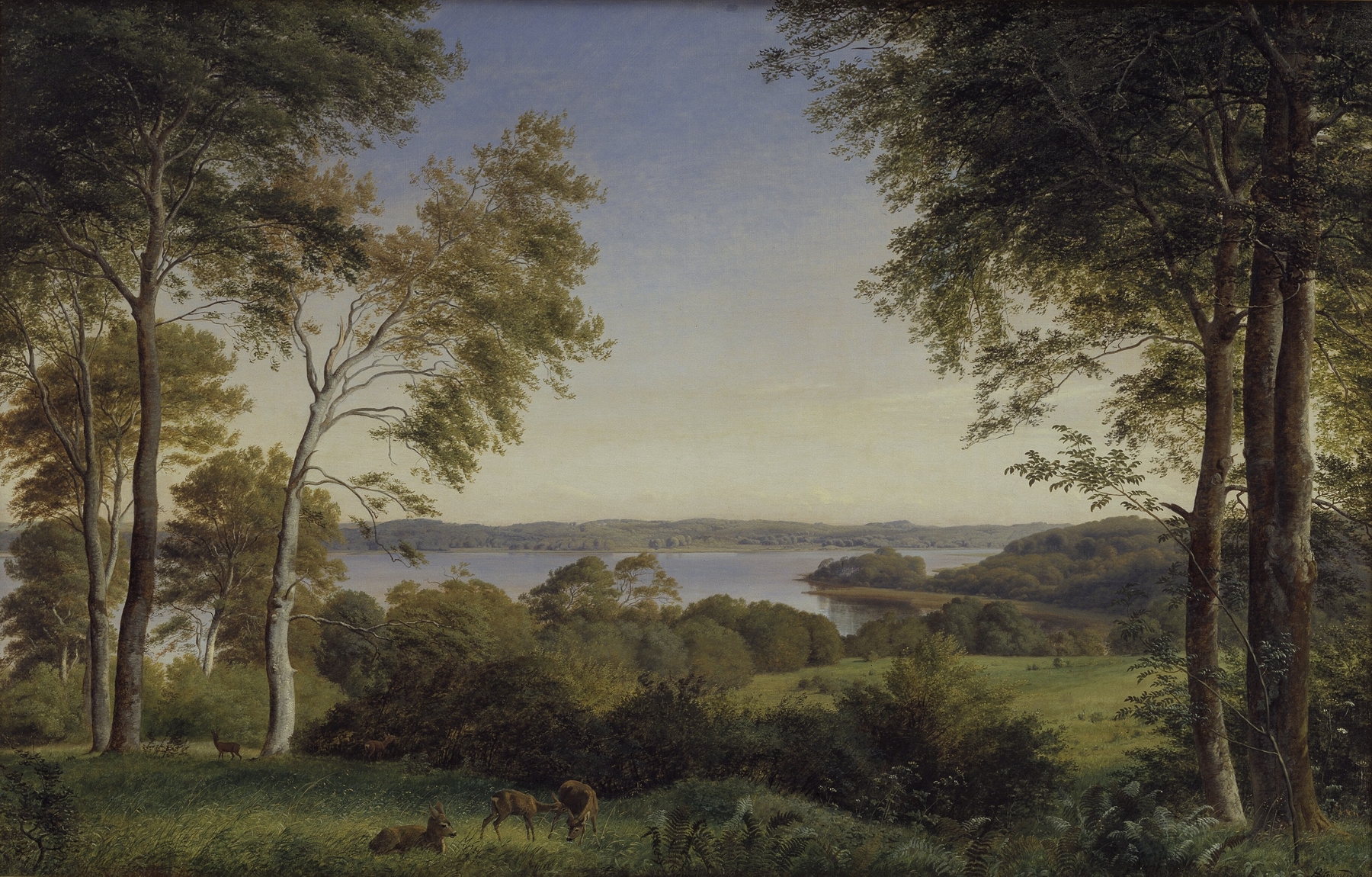Udsigt over Skarre Sø by P. C. Skovgaard, oil on canvas depicting a tranquil lake and lush greenery.
