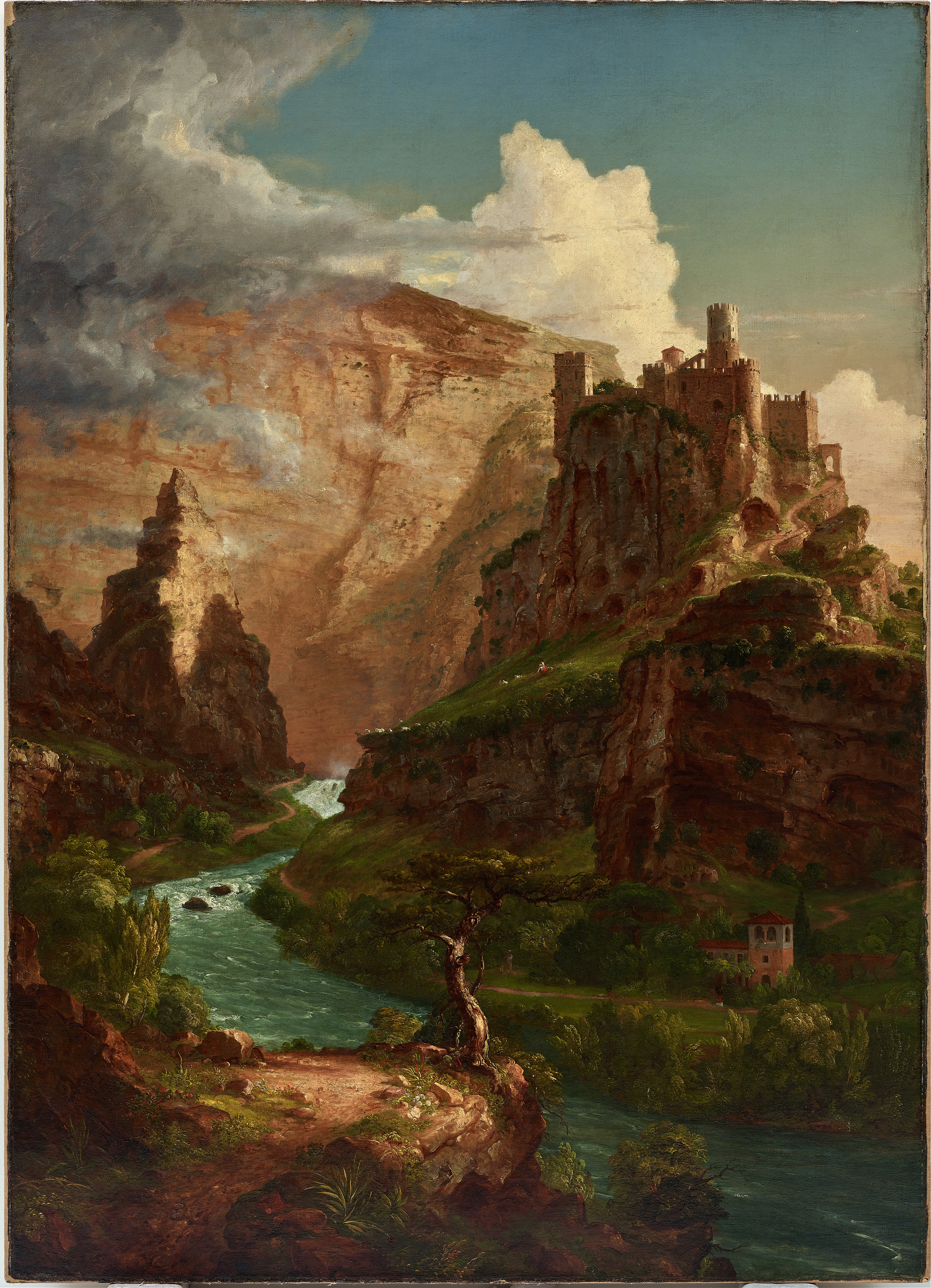 The Fountain of Vaucluse, oil painting by Thomas Cole, features figures beside a fountain in a lush landscape.