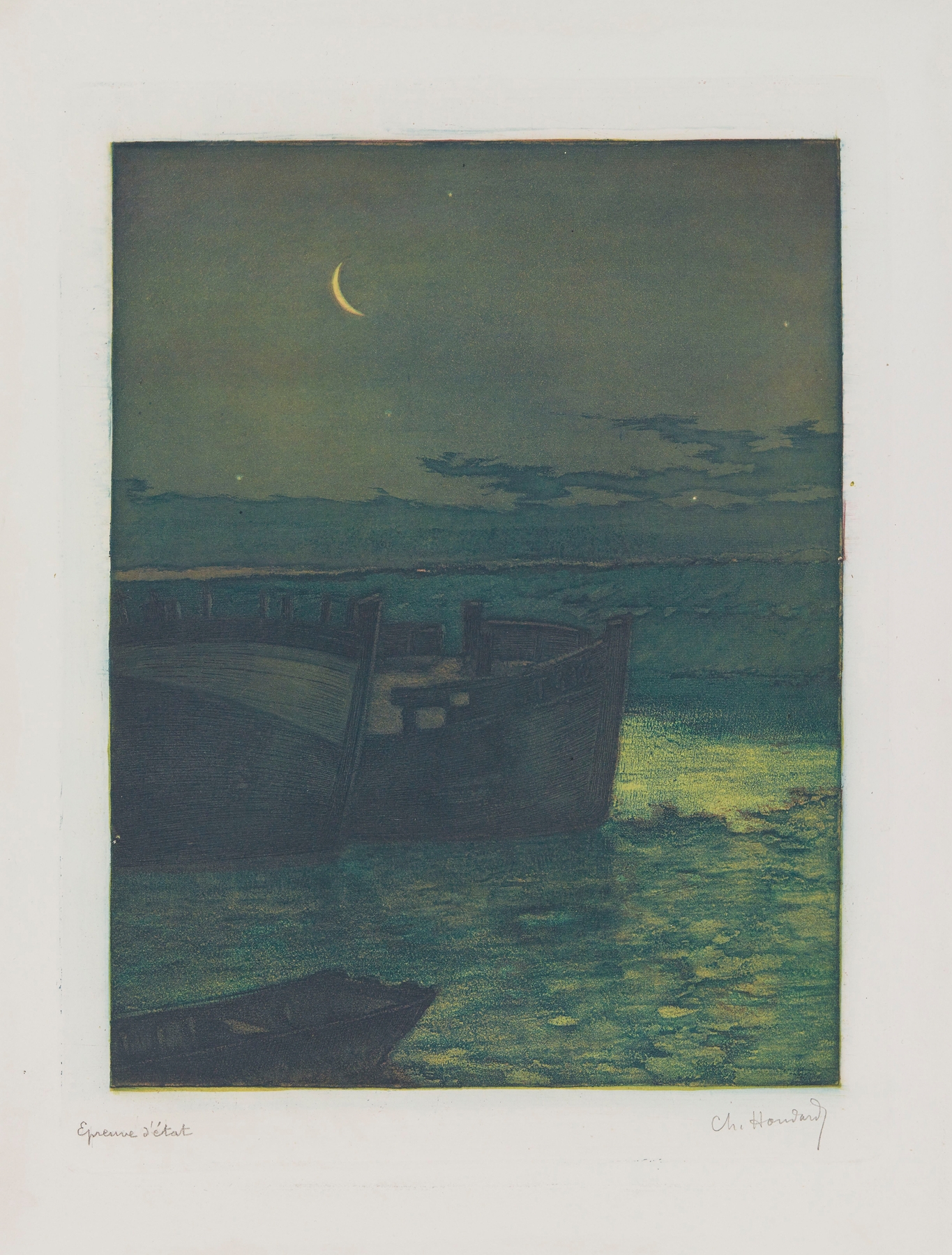 Marine scene with a ship under moonlight by Charles-Louis Houdard