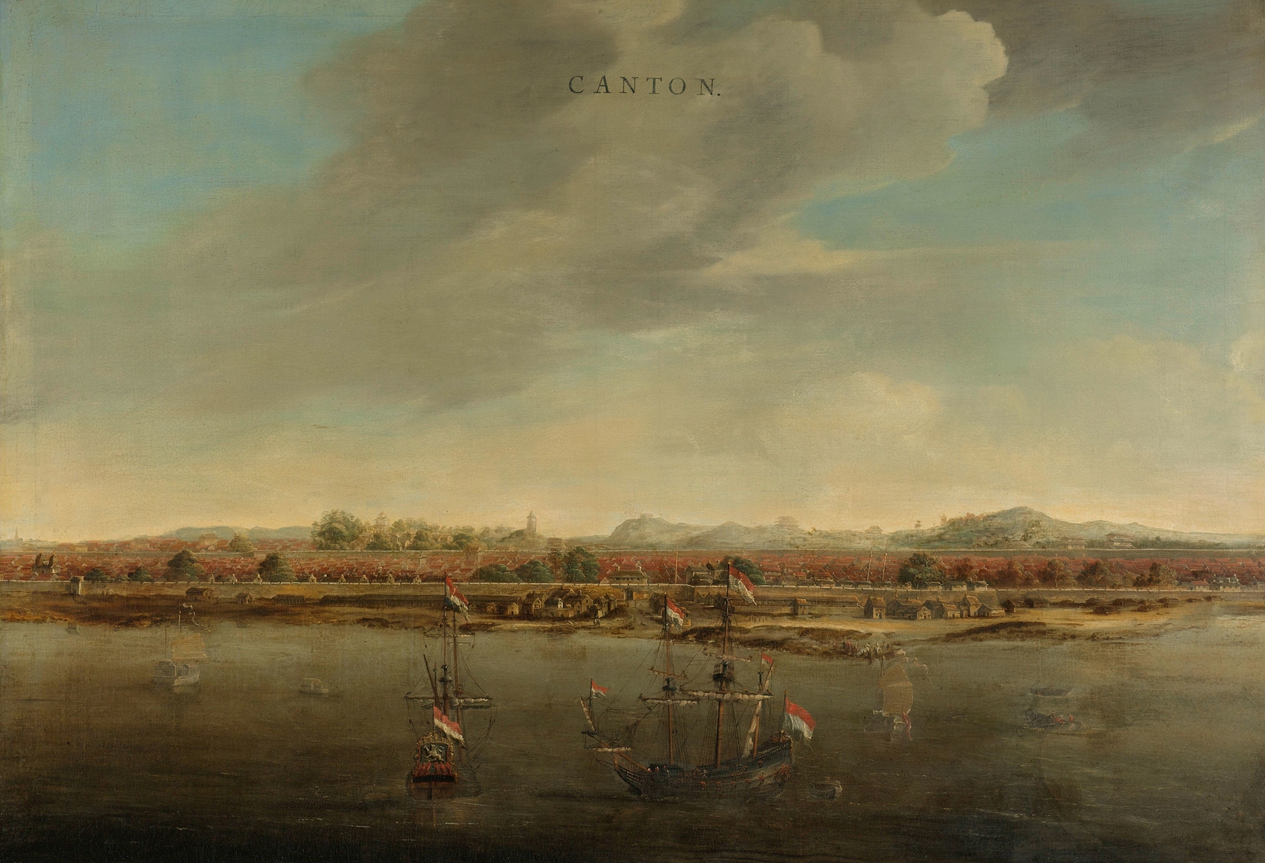 View of Canton in China, oil on canvas by Johannes Vinckboons
