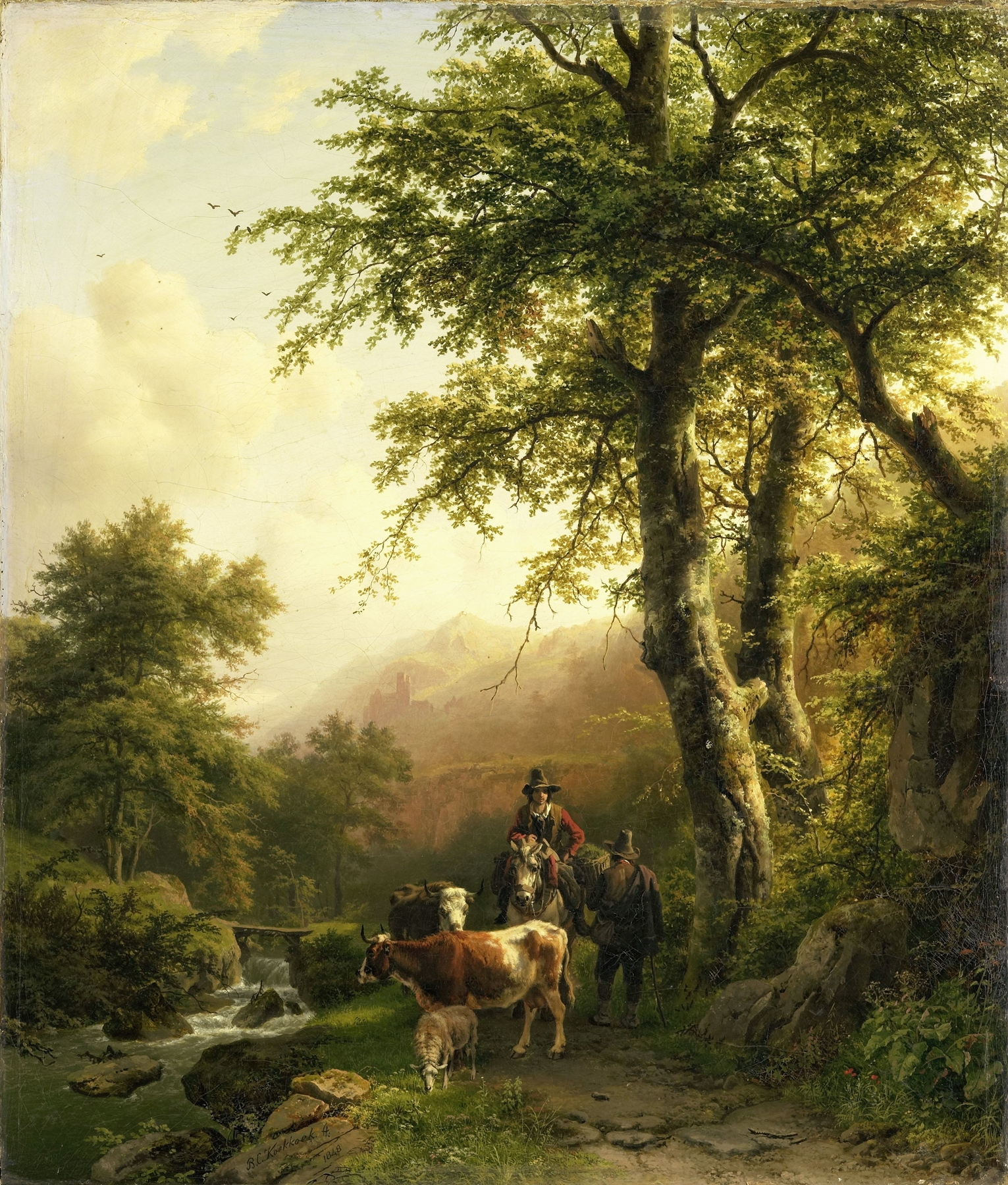 Italian Landscape by Barend Cornelis Koekkoek, oil on canvas depicting rolling hills and warm light.