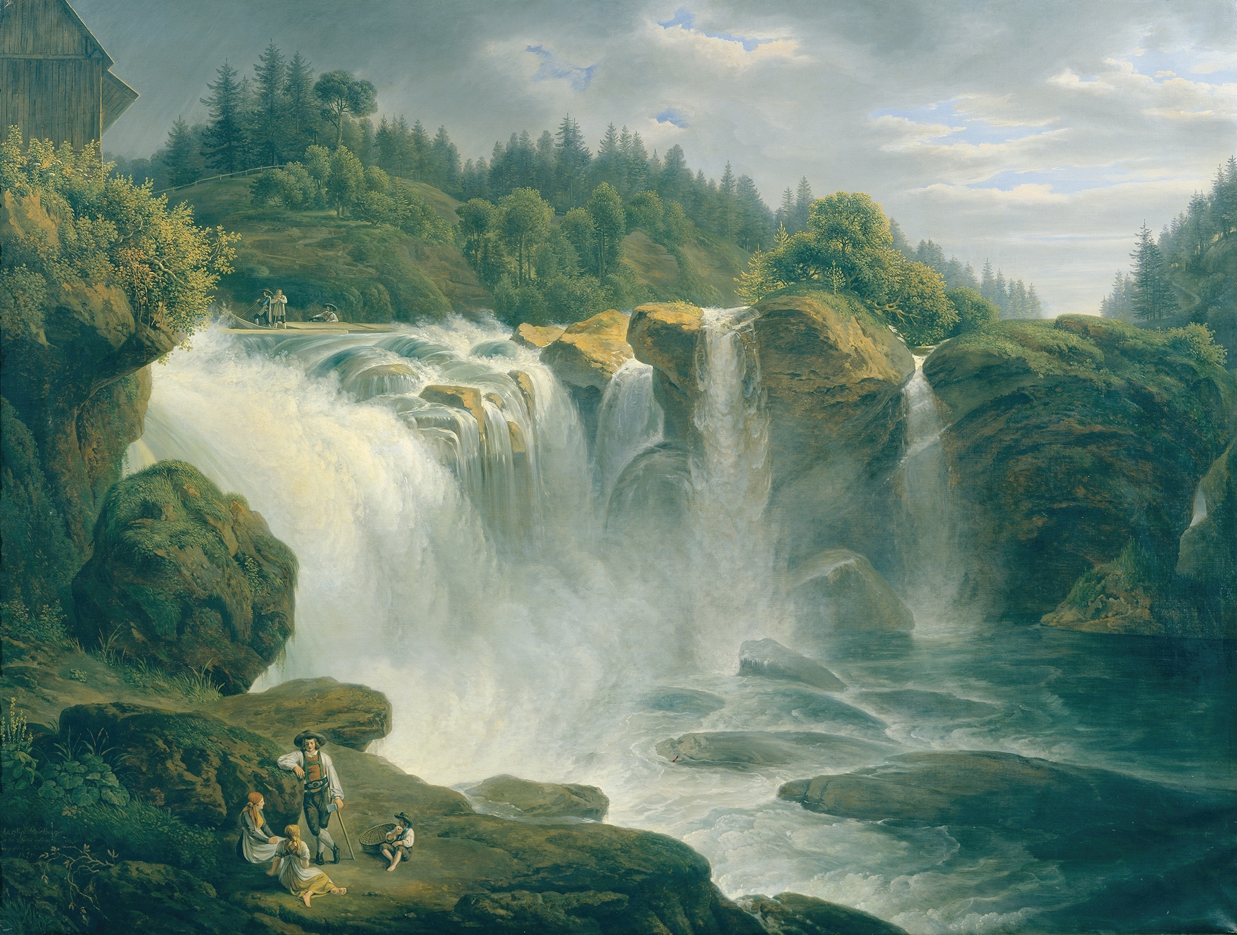 Oil painting by Johann Nepomuk Schödlberger depicting a waterfall in a lush landscape.