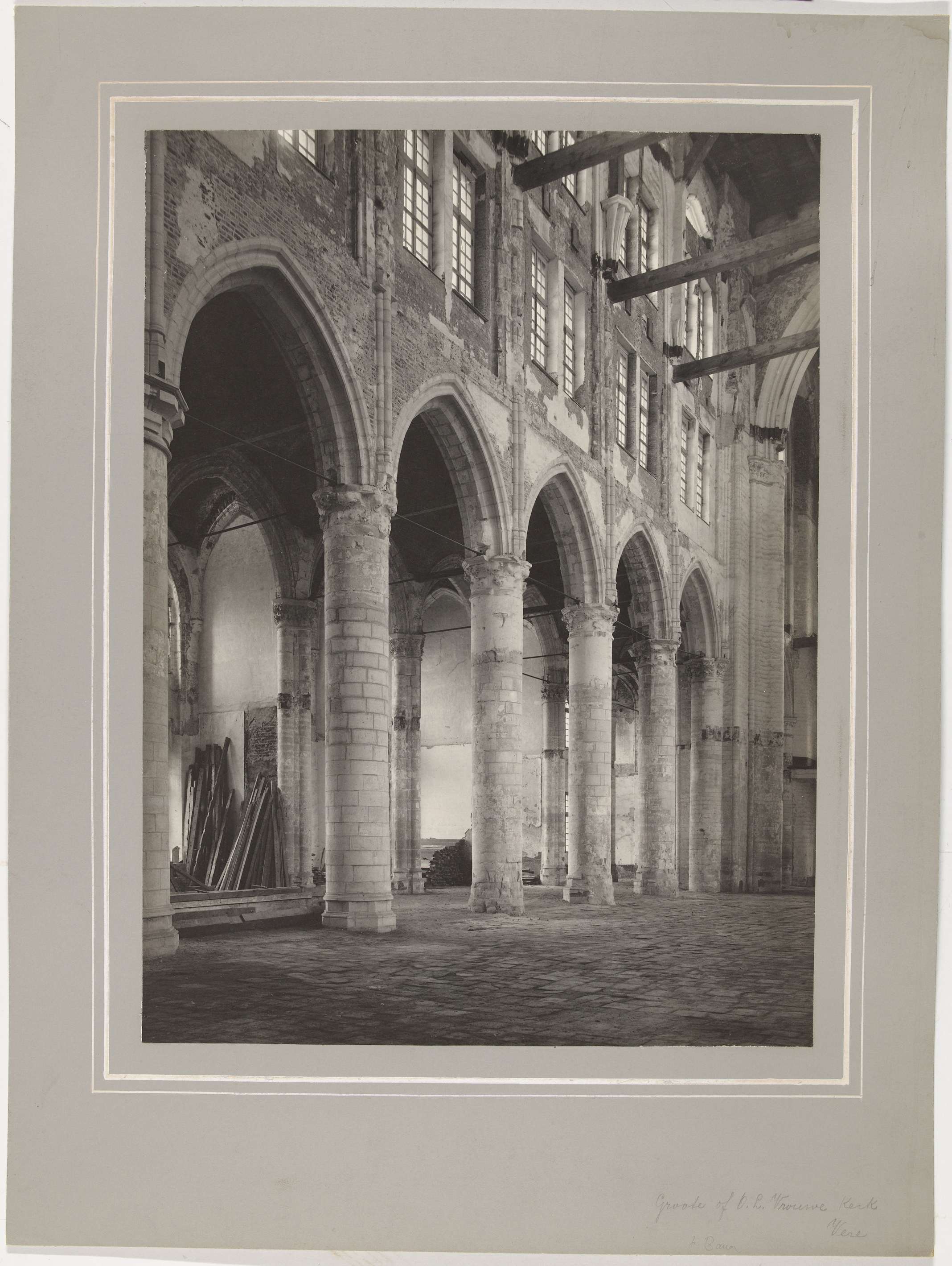 Interior view of a church with vaulted ceiling, gelatin silver print by Carl Wilhelm Bauer