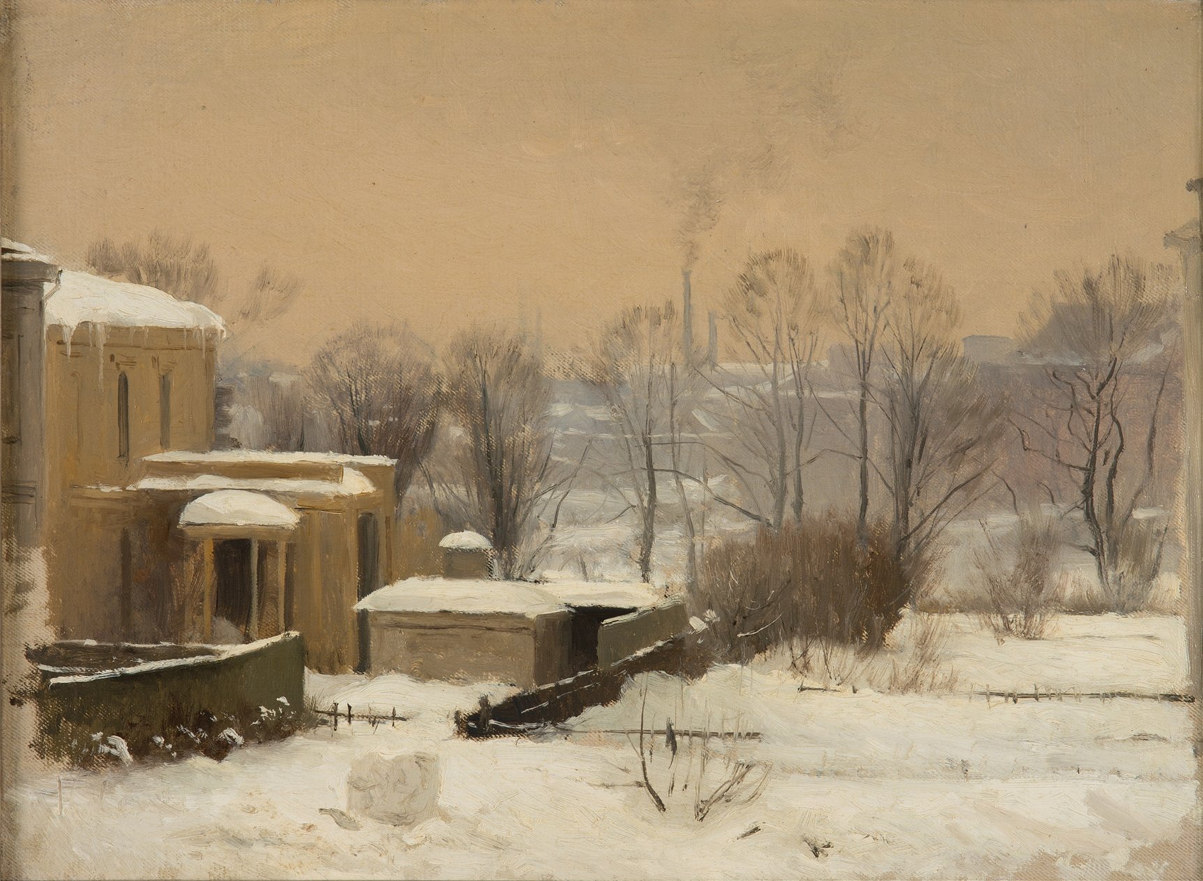 Urban Snow. Study by Gustaf Rydberg, oil on canvas depicting a snowy city landscape.