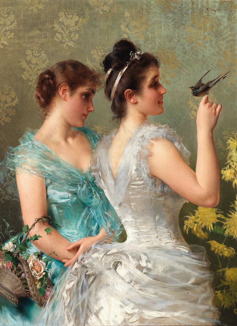 A young girl holds a small bird in her hands, looking at it with a gentle expression.
