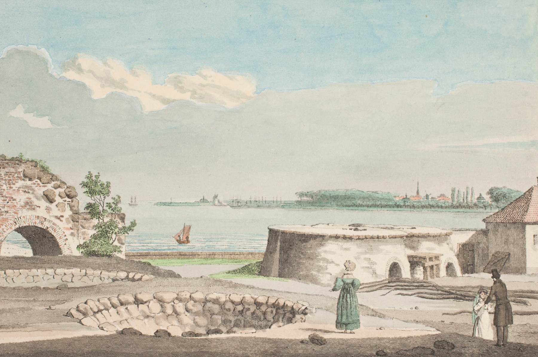 København set fra Gl. Kalkbrænderi by Jens Holm, oil painting depicting Copenhagen's skyline and calm waters.