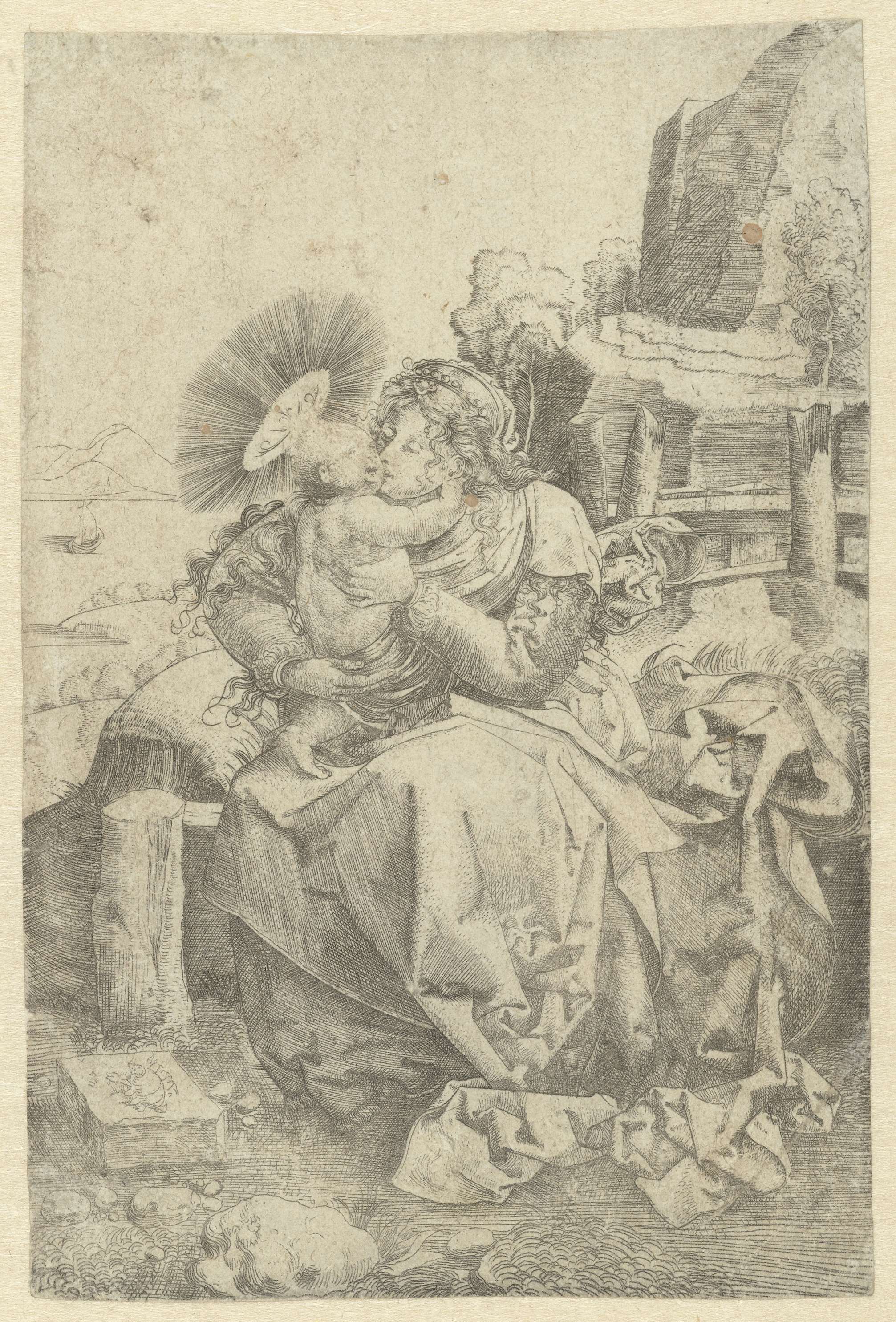 Madonna met kind in een landschap, etching by Frans Crabbe van Espleghem, depicting a mother and child in a serene landscape.