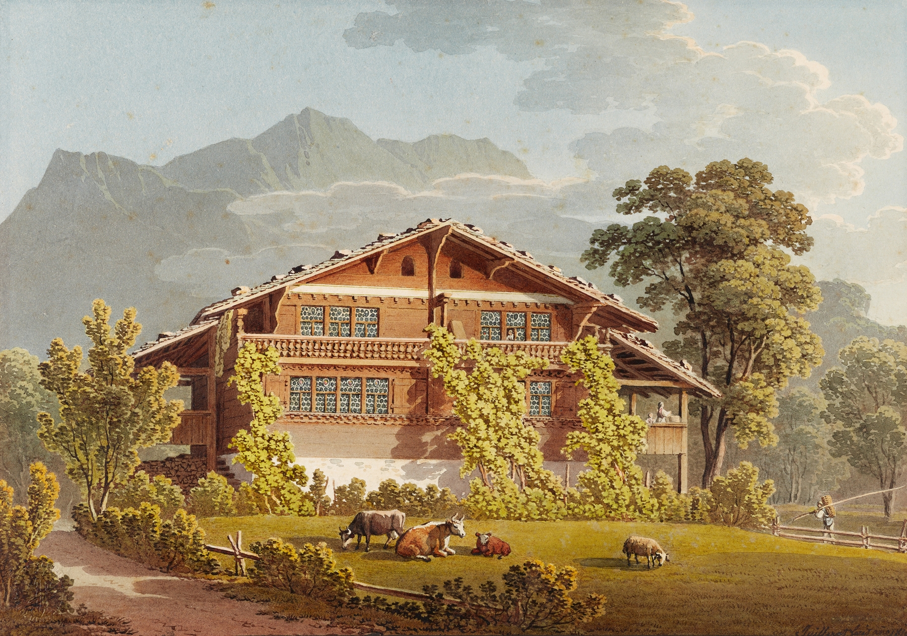 Landscape oil painting by Jacques Henri Juillerat featuring a farmhouse and mountains