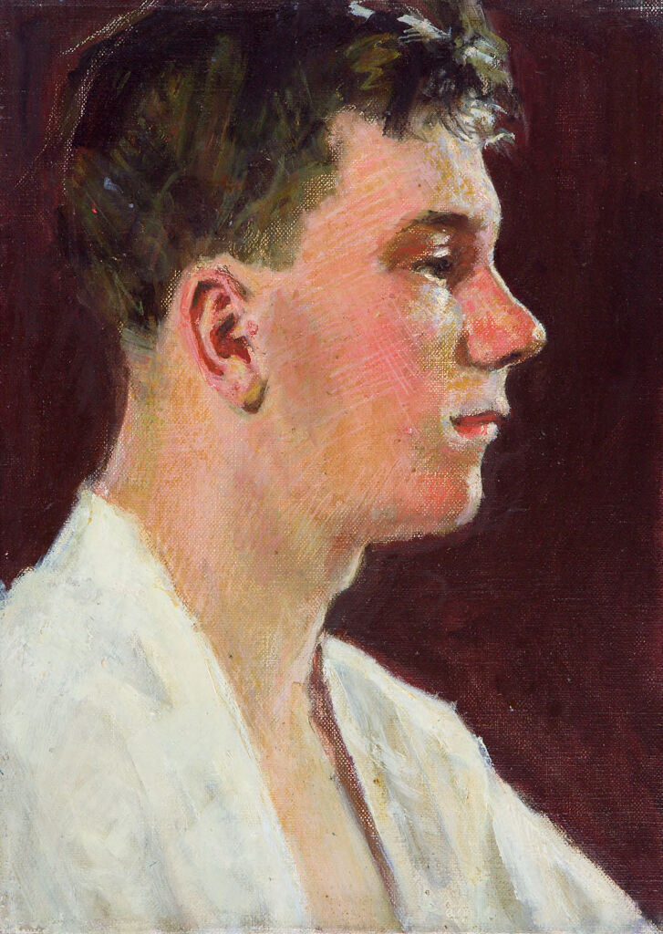 Portrait of a young man in an open white shirt, oil painting by Denman Waldo Ross
